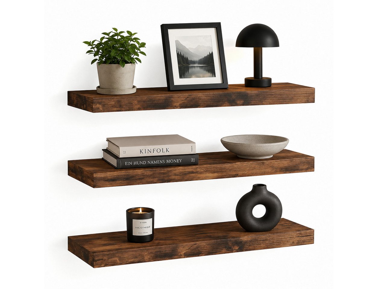 GLIESE POWER Küchenregal Wandregal 40x15 cm – Vintage, 3er-Set, für Küche, Bad & Wohnzimmer, 3er-Set Wandregal – Vintage, 10 kg Tragkraft, MDF & Stahl.