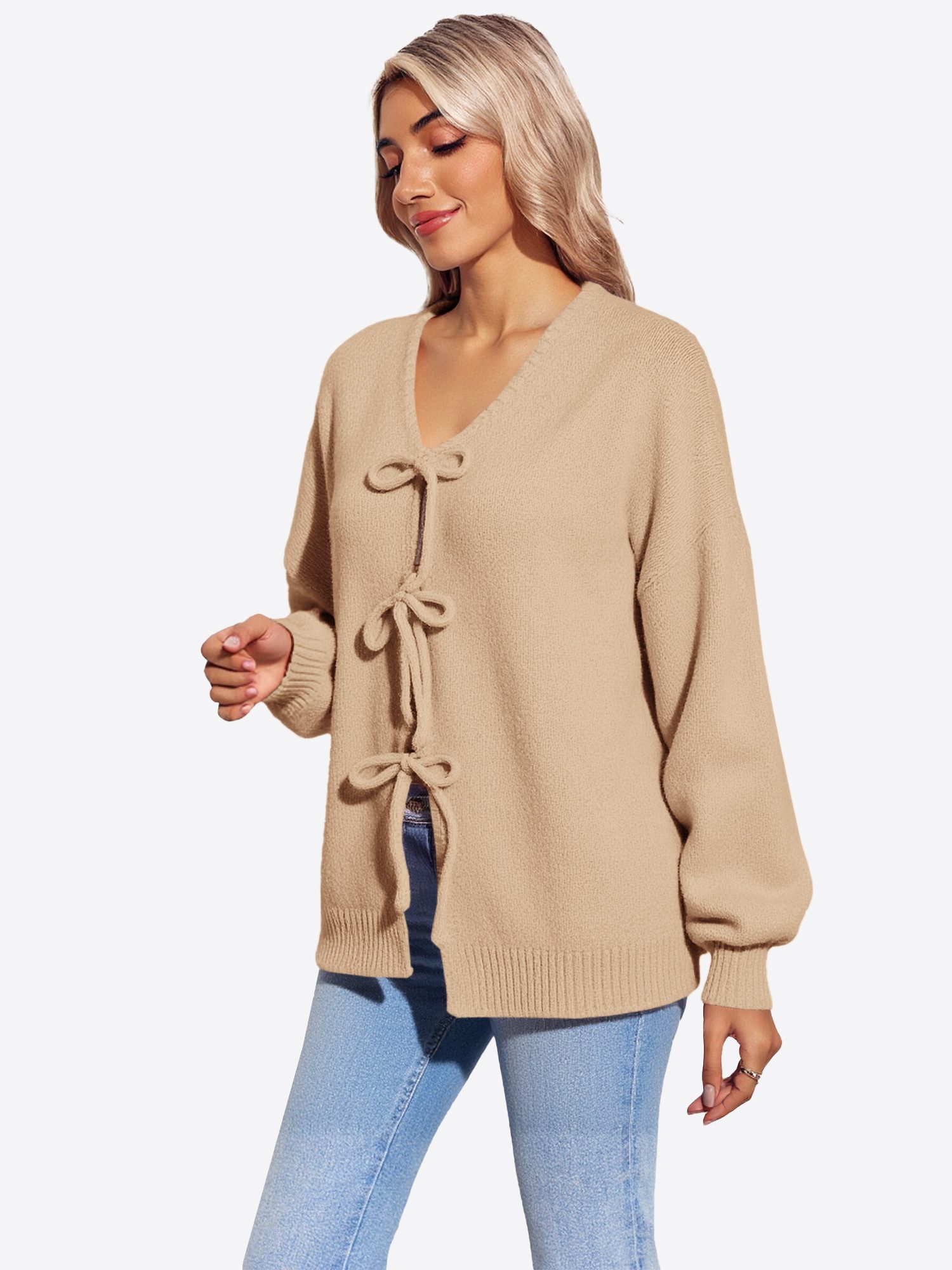 Imily Bela Cardigan Damen Strickjacke mit Bindeband vorne (Packung, 1-tlg., 1per-Pack) Puffärmel,casual