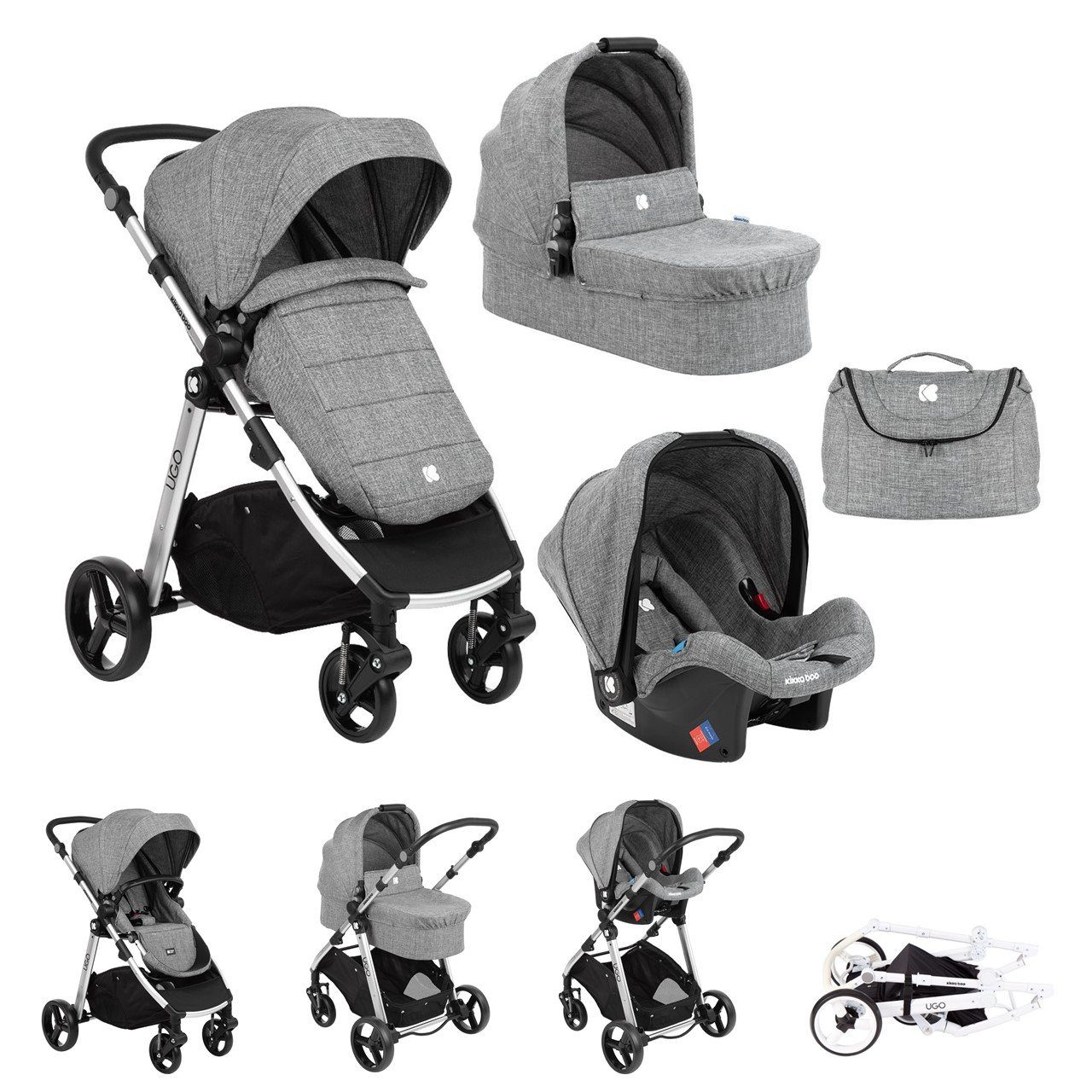 Kikkaboo Kombi-Kinderwagen Kinderwagen 3 in 1 Ugo, Autositz Tragetasche Sportsitz Griff einstellbar grau