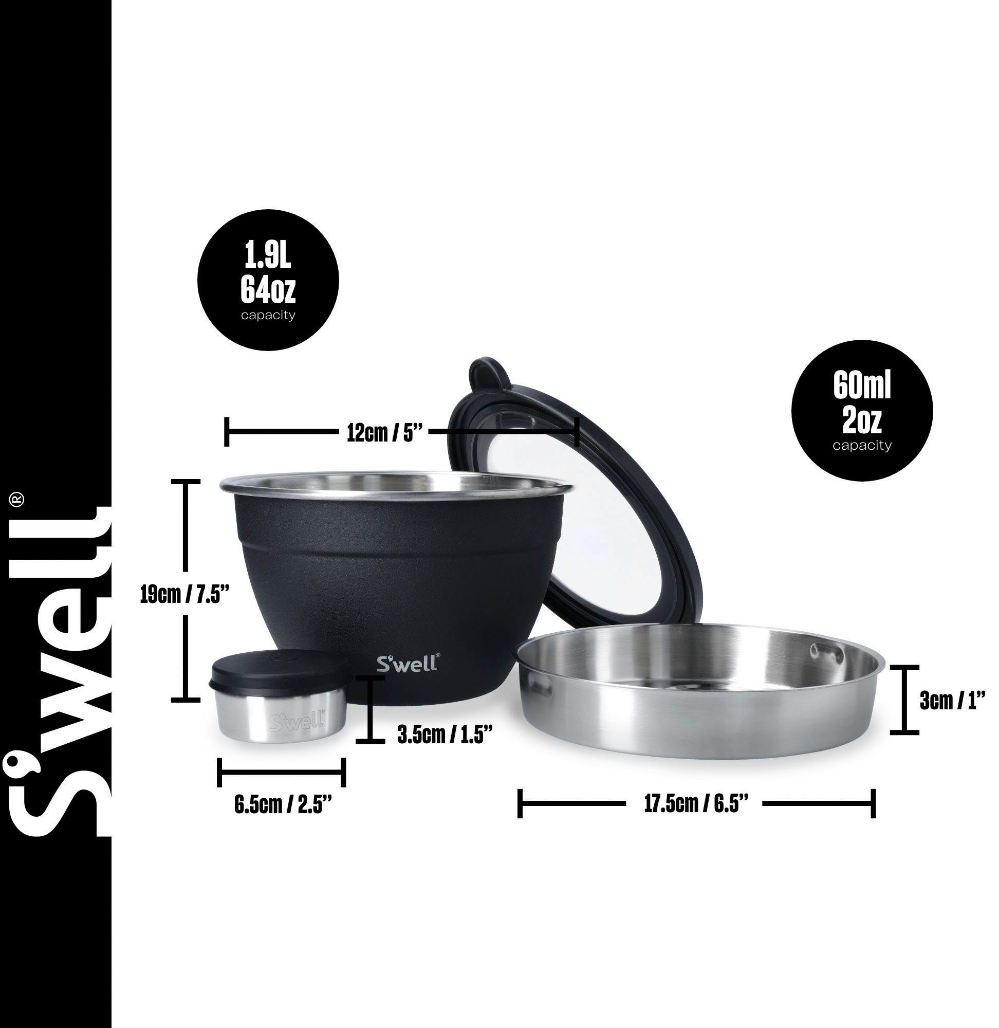 S'well Salatschüssel S'well Onyx Salad Bowl Kit, 1.9L, Edelstahl, (3-tlg), Therma-S'well®-Technologie, vakuumisolierten Außenschale