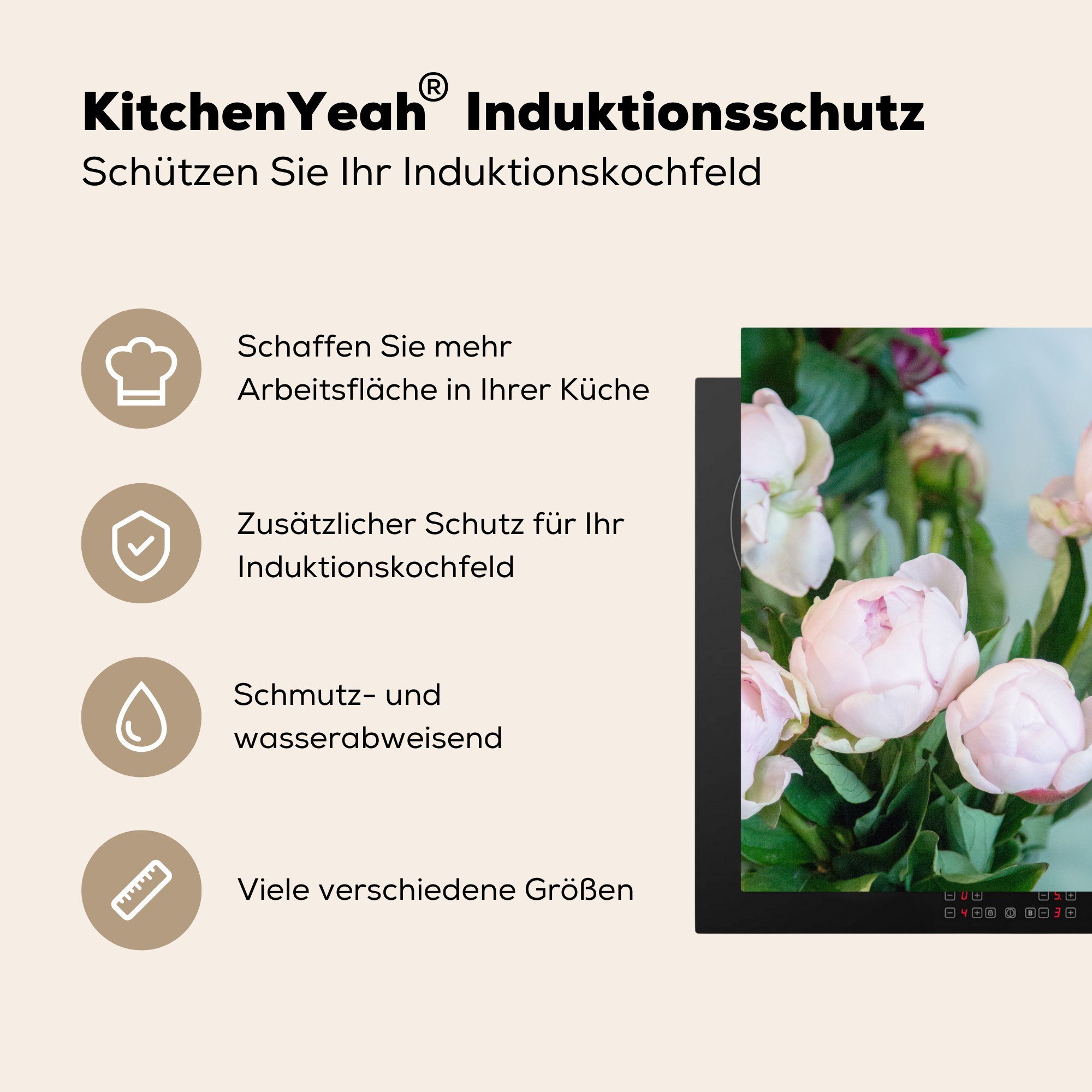 MuchoWow Herdblende-/Abdeckplatte Knospen Vinyl, rosa einer von küche Ceranfeldabdeckung, Arbeitsplatte tlg), (1 in für cm, 78x78 Vase, Pfingstrosen