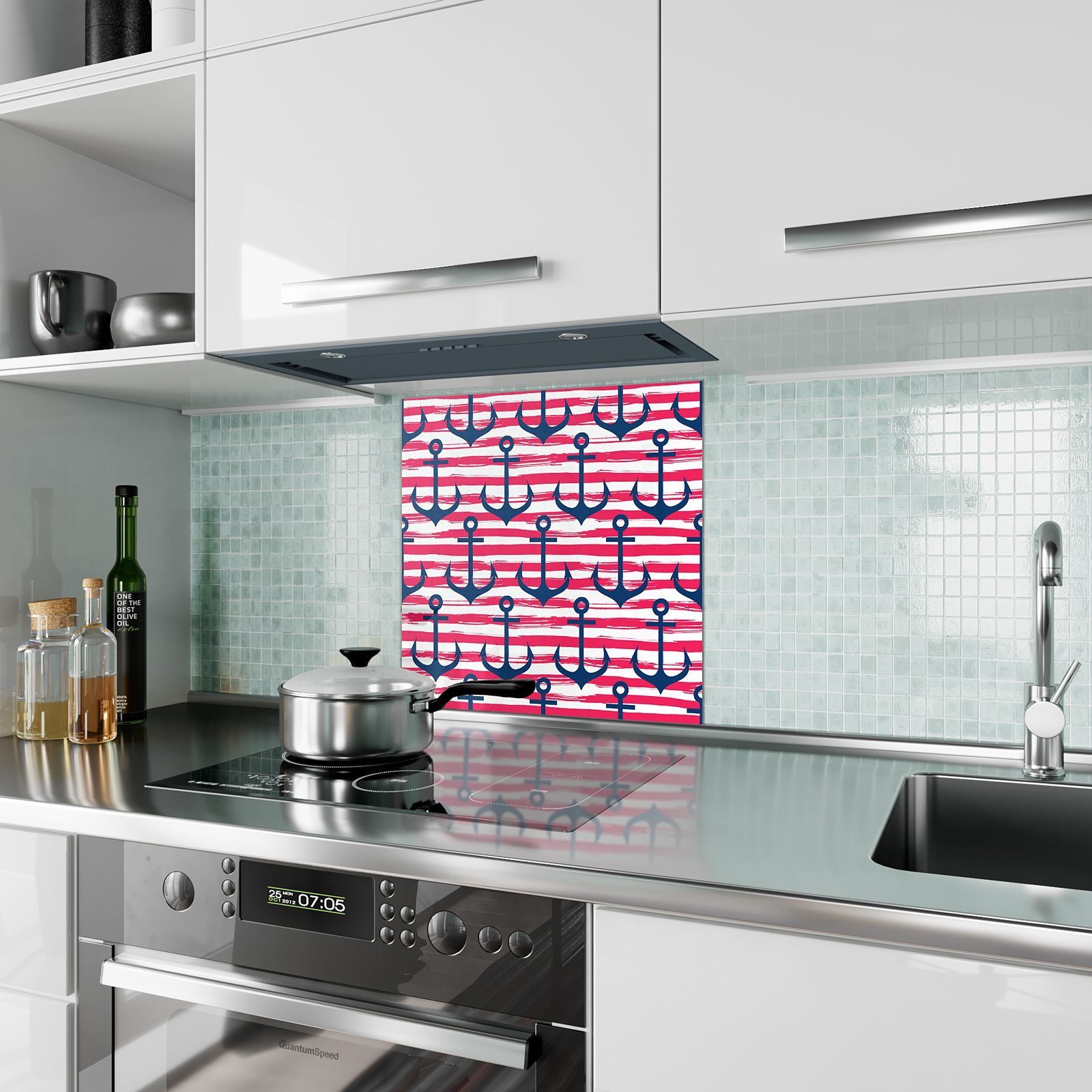 Glas auf Spritzschutz mit Wand Motiv Küchenrückwand Primedeco Anker Küchenrückwand gestreifter