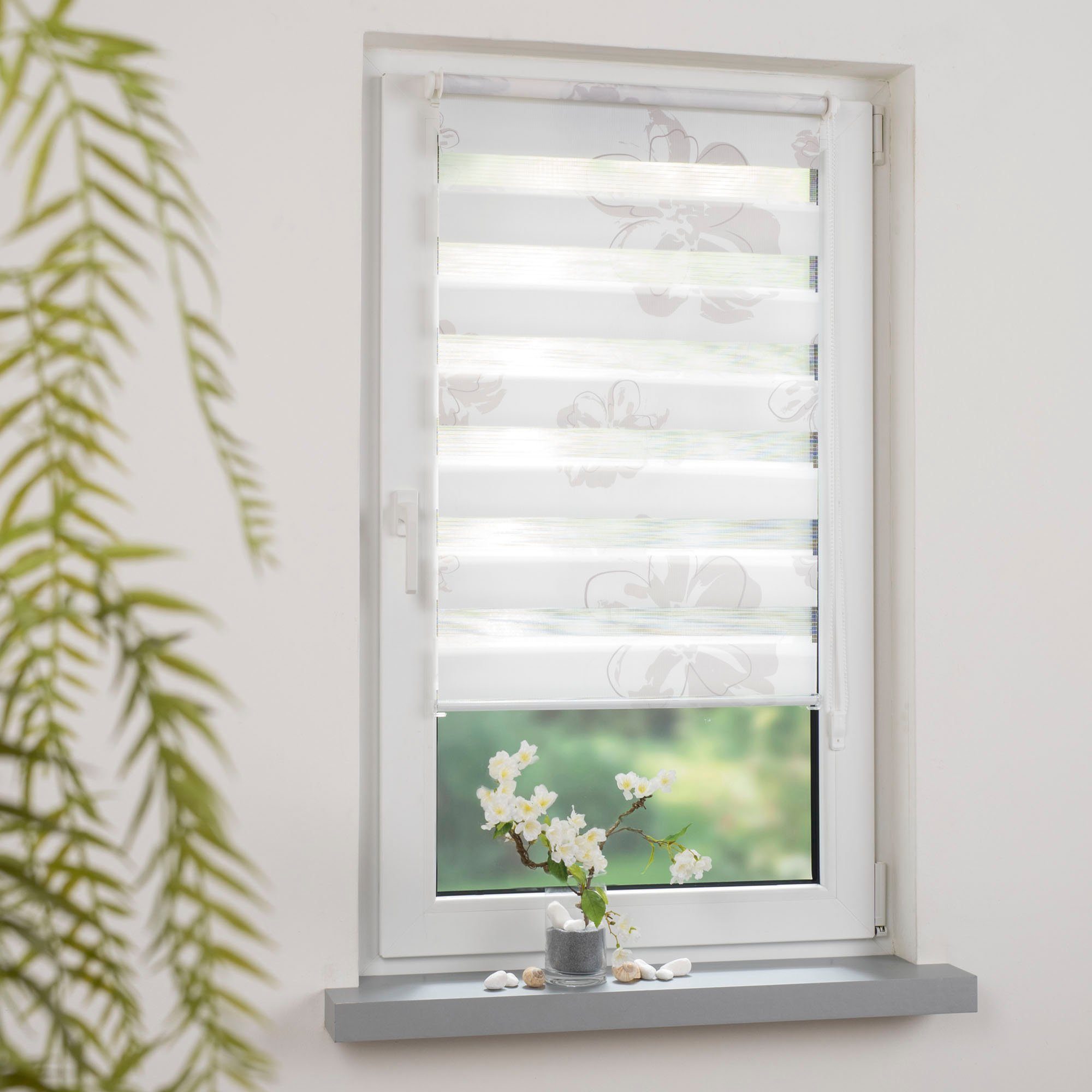 Doppelrollo Blume, GARESA, Lichtschutz, ohne Bohren, freihängend, Klemmfix, dekorativ, bedruckt