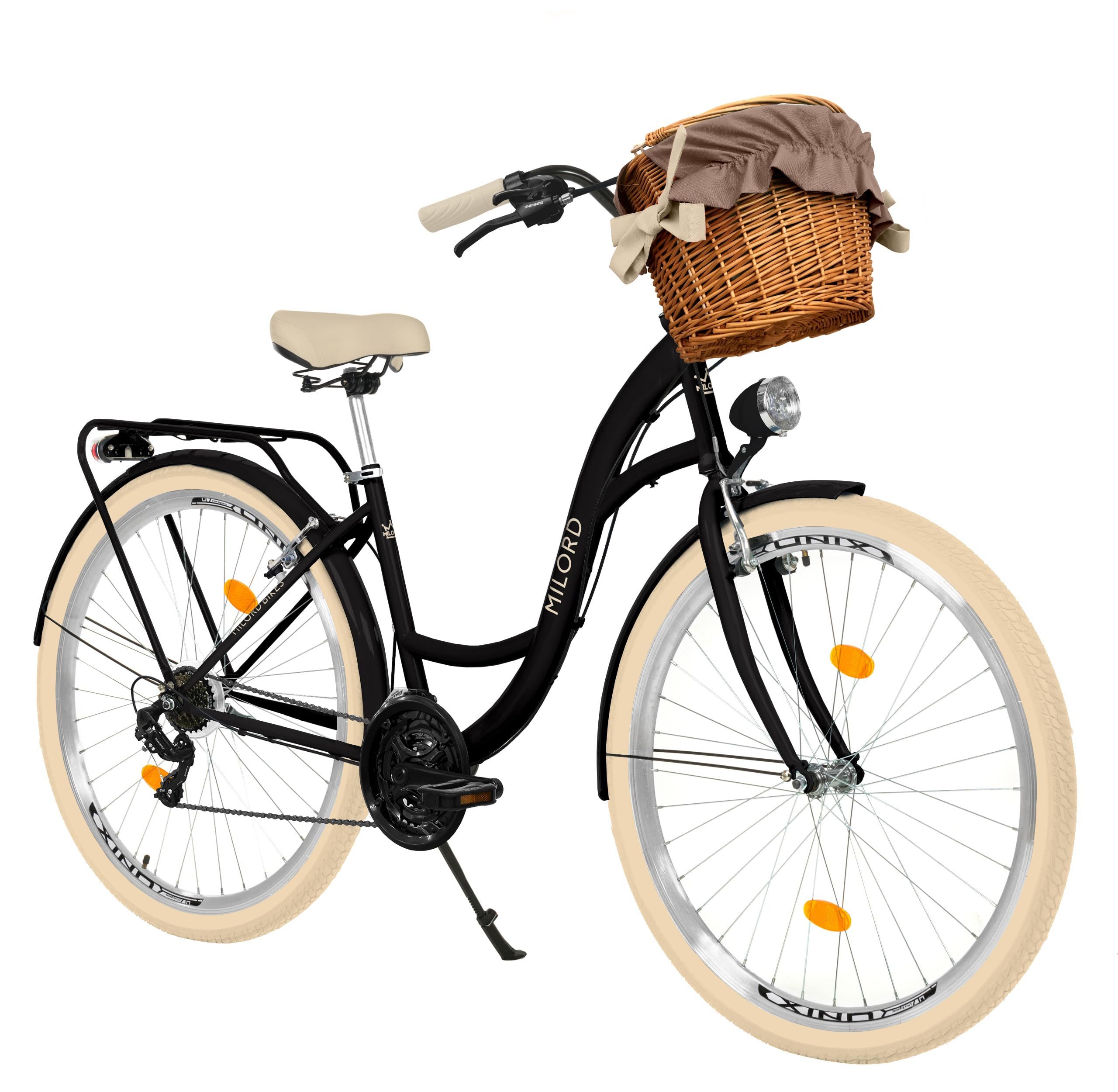 Milord Cityrad Damenfahrrad Citybike Mit Weidenkorb Fahrrad, 26/28 Zoll, 21-Gang, 21 Gang, (Fahrradständer, Gepäckträger, Klingel, Korb, Kotflügel)