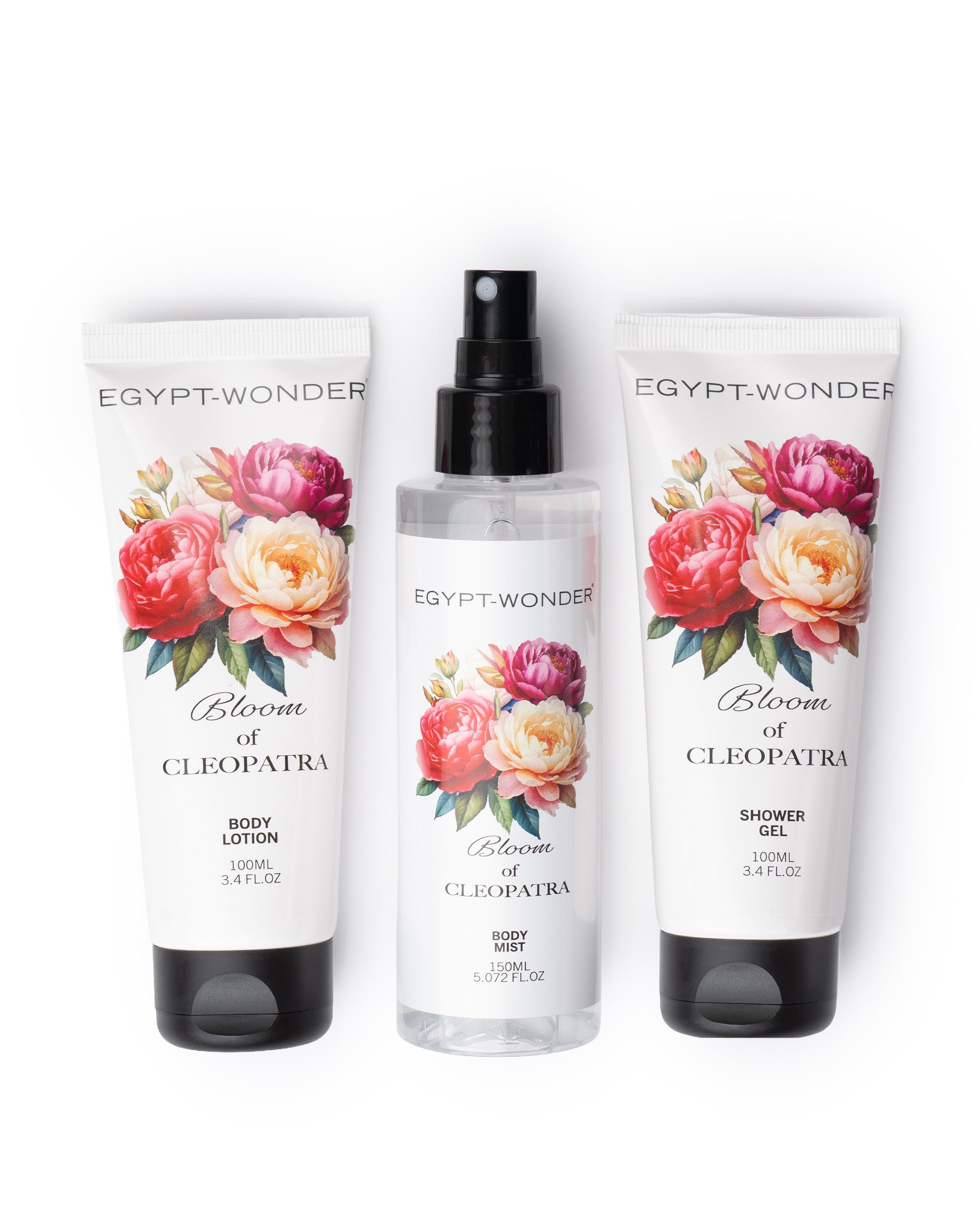 EGYPT-WONDER Pflege-Geschenkset Bloom of Cleopatra Beauty Set - Geschenkbox mit Bodylotion 100 ml, Duschgel 100 ml & Body Mist 150 ml -, Rosenduft – Pflege mit Aloe Vera & Bio-Olivenöl