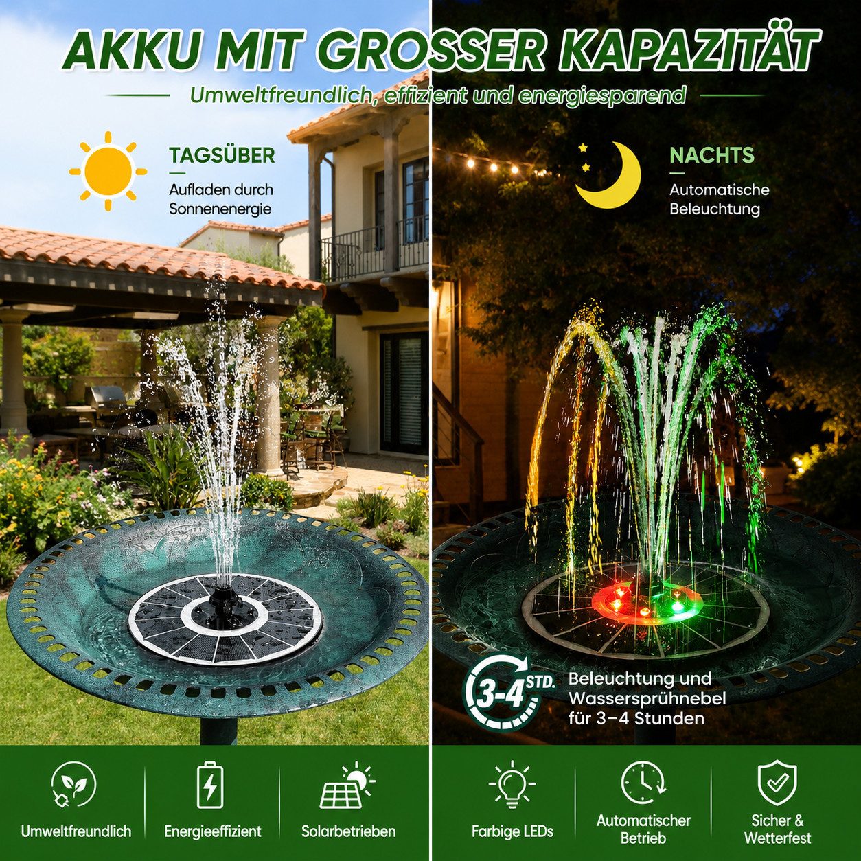 MOPUEA Gartenbrunnen Solar Springbrunnen 3,5W Mit LED Licht Für Vogeltränke Und Garten, (1 tlg), Schwimmender Solar Springbrunnen Mit 8 Düsen Für Vogeltränke, Garten