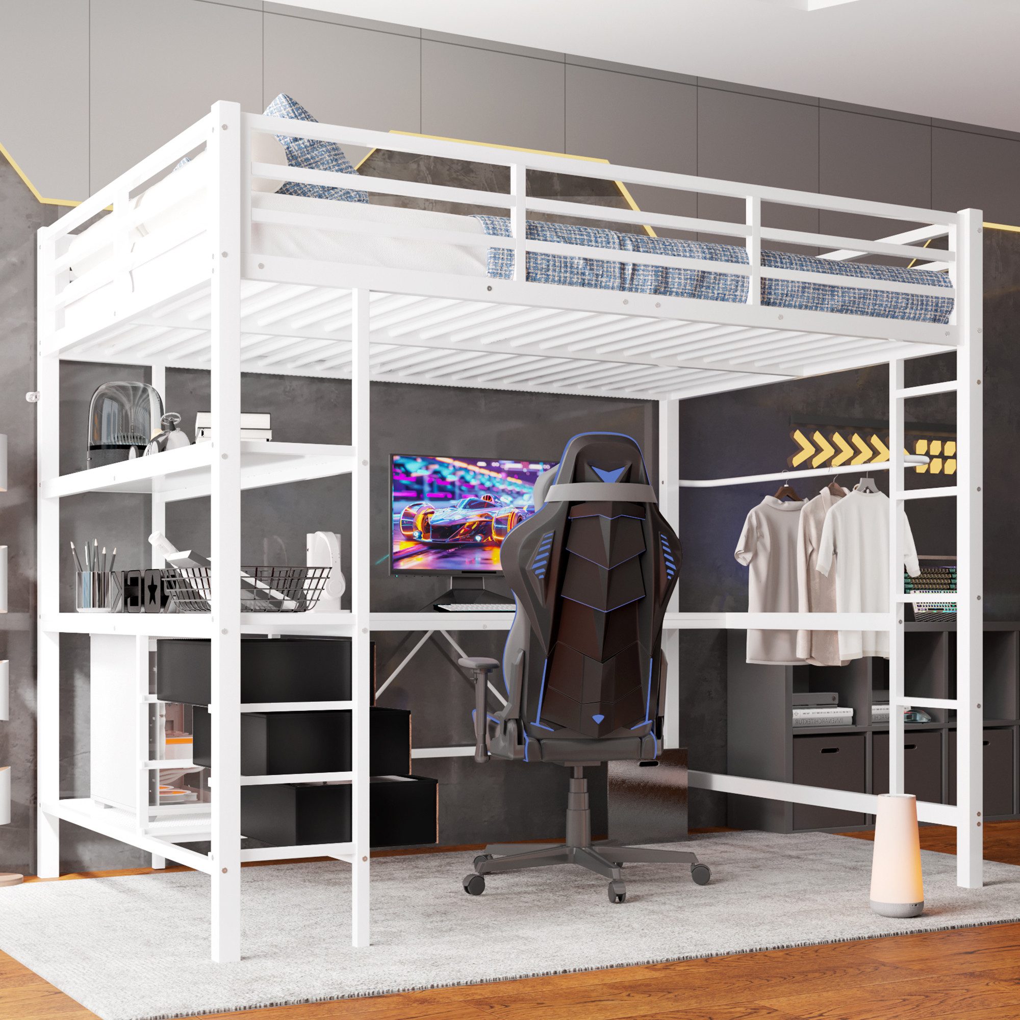 HAUSS SPOLE Hochbett 140x200cm mit Ambientelicht, Schreibtisch, Steckdose+U günstig online kaufen