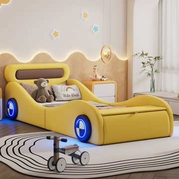 Flieks Polsterbett, Autobett Kinderbett mit leuchtenden Rädern und Stauraum 90×200cm