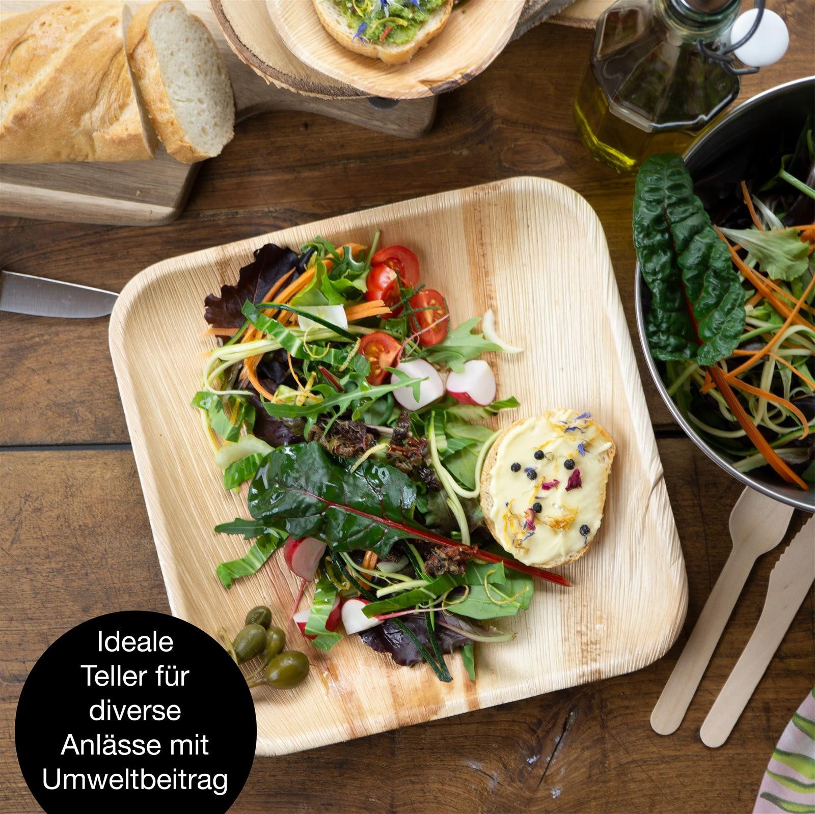 Moritz & Moritz Einweggeschirr-Set 25tlg Palmblatt Teller Eckig 25x25cm (25-tlg), 25 Personen, Palmblatt, Birkenholz, 25x25cm