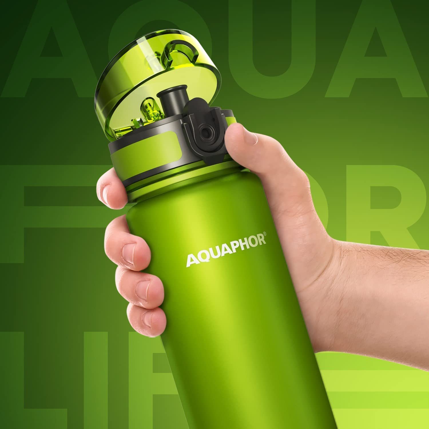 AQUAPHOR mit Wasserfilter Aus CITY & Trinkflasche für Tritan Filter Flasche mit 500ml. lime I BPA-frei, unterwegs, Aktivkohle I Farbe: