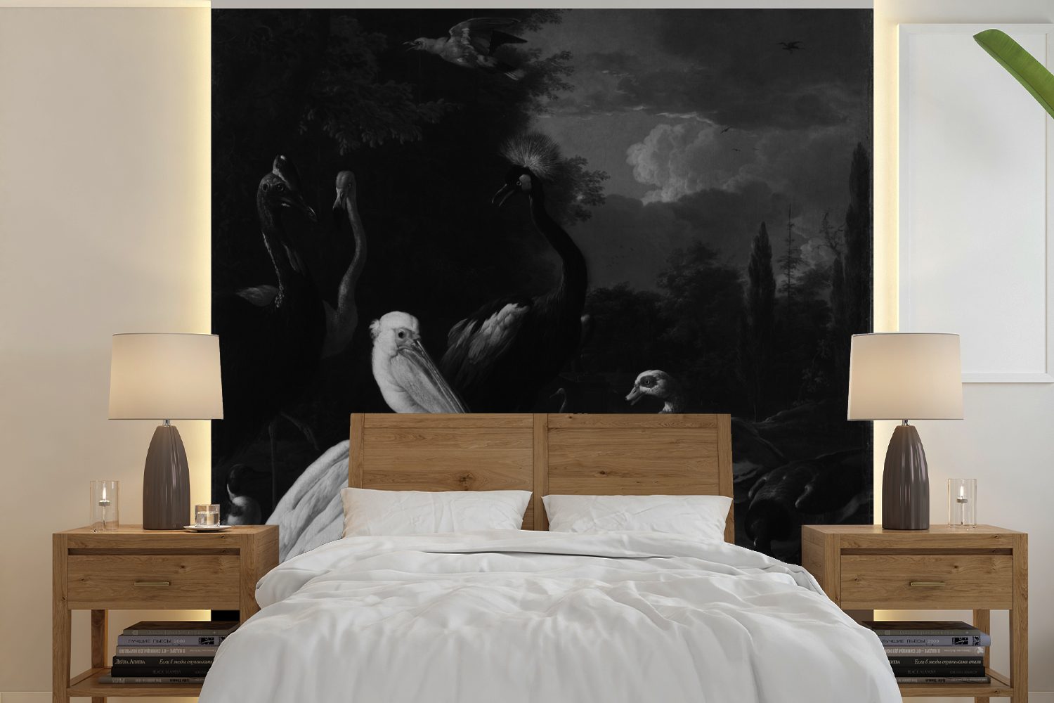 MuchoWow Fototapete Ein Pelikan und andere Vögel in der Nähe eines Wasserbeckens -, Matt, bedruckt, (5 St), Vinyl Tapete für Wohnzimmer oder Schlafzimmer, Wandtapete