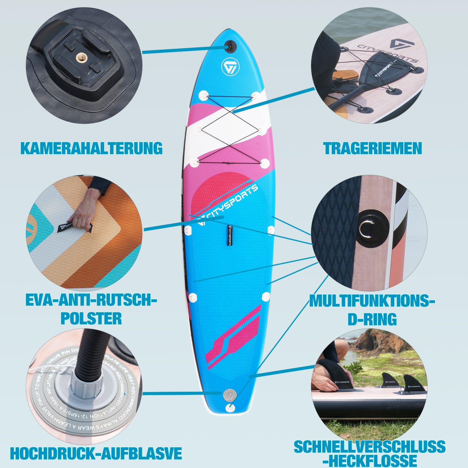 CITYSPORTS Inflatable SUP-Board 320x80x15cm,aufblasbares Stand Up Paddle Board set bis 160 kg, Komplettset mit Paddel, Pumpe, Rucksack, Leash, Finnen & Kajak-Sitz
