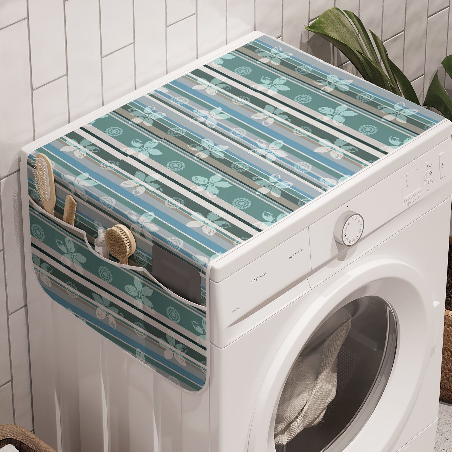 Abakuhaus Badorganizer Anti-Rutsch-Stoffabdeckung für Waschmaschine und Trockner, Blumen Retro Kaltes tonte Stripes