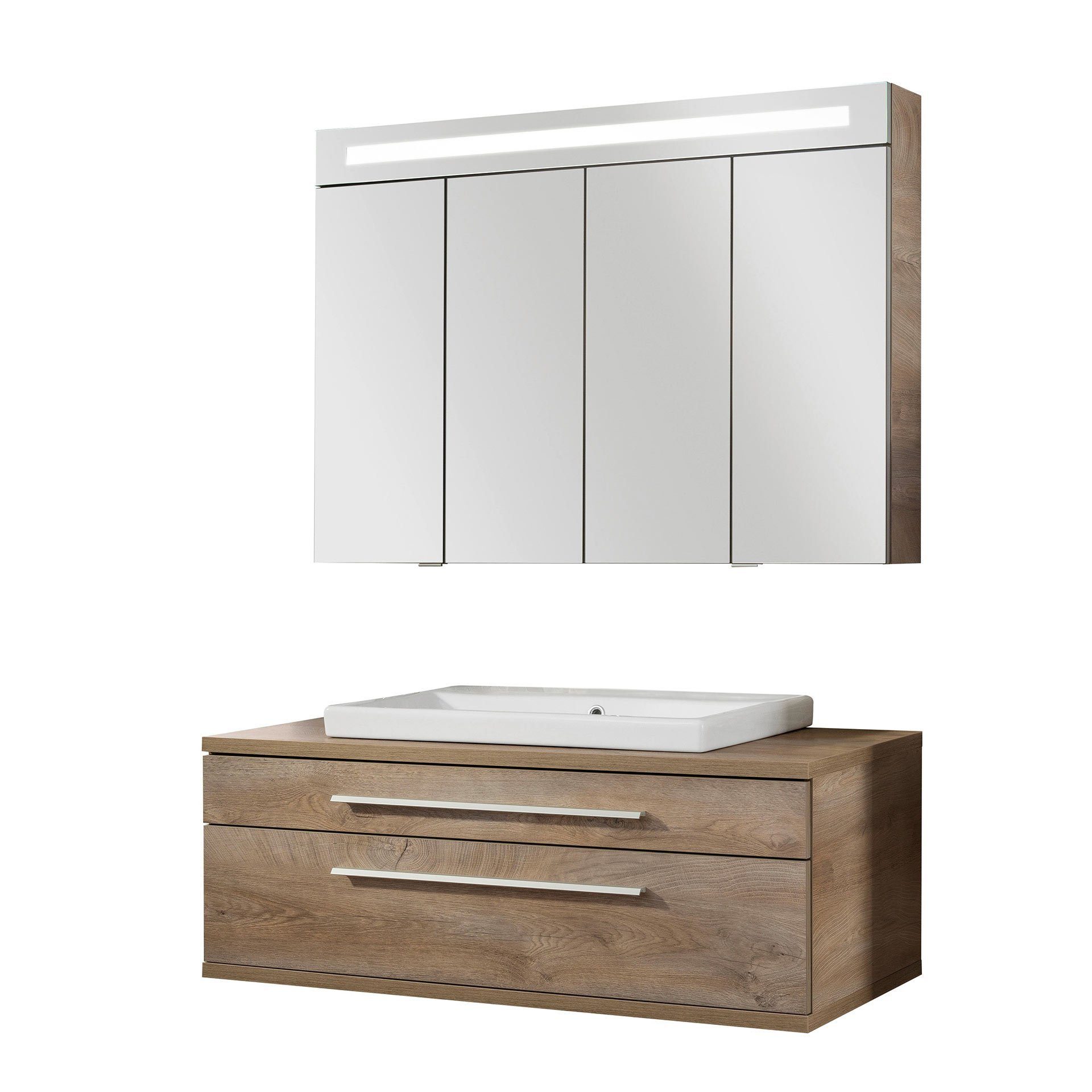 FACKELMANN Badmöbel-Set STANFORD 3-teiliges Badmöbel Set 110cm Braun Keramik mit LED-Schrank