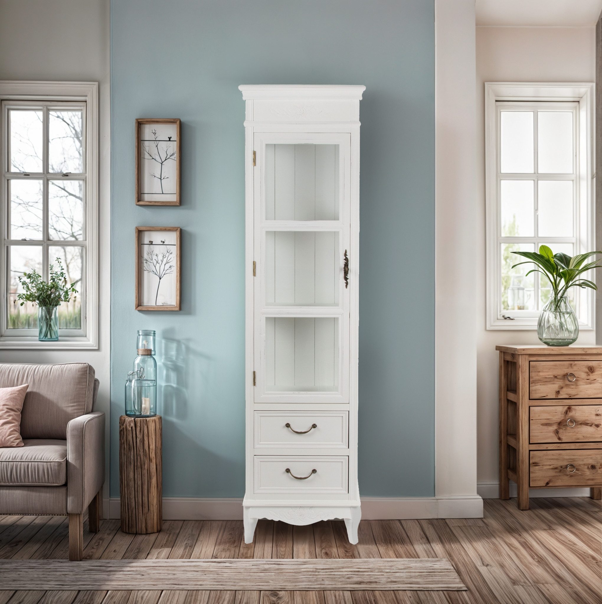 Wohnando Vitrine Schmaler Vitrinenschrank "Melody" im modernen Shabby Landhaus Mix 30x45x170 cm, elegant, für Deko und Aufbewahrung, Wohnzimmer