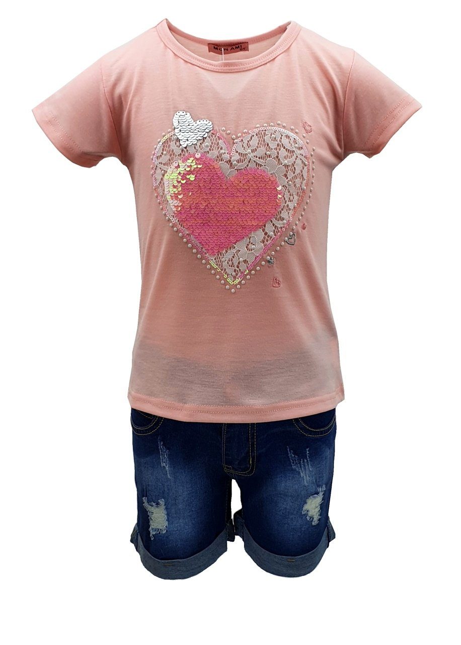 Girls Fashion Shorts, Mädchen Bermudas + & T-Shirt Set, T-Shirt MS2024 Sommer Jeans Rosa