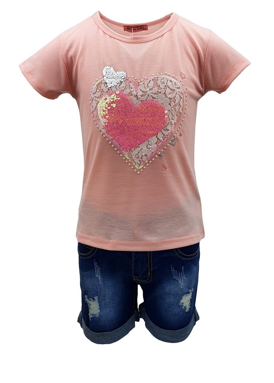 Girls Fashion T-Shirt & Bermudas Mädchen Sommer Set, T-Shirt + Jeans Shorts, MS2024
