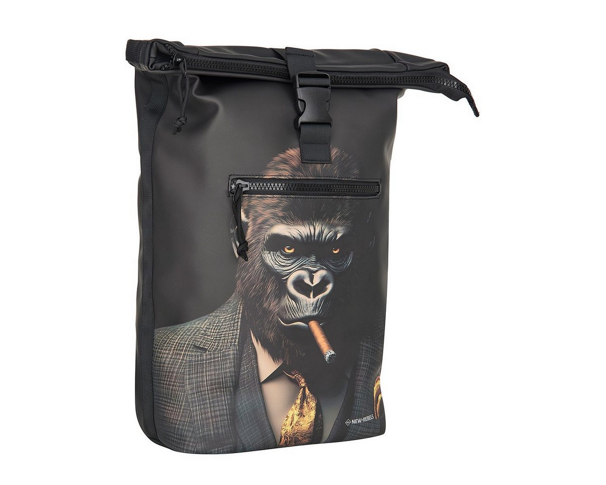 NEW REBELS Laptoprucksack Roll Up RollTop Kurier Rucksack Freizeitrucksack Mart Art New York, wasserabweisend, Laptopfach, Kunstmotiv Gorilla
