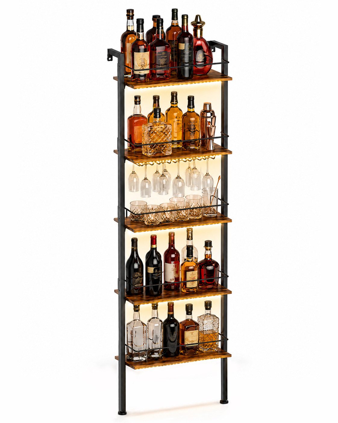 Yorbay Weinregal Flaschenregal mit 5 Ebenen, freistehendes Barregal, für bis zu 50 Flaschen,43,3 x 20 x 173,0 cm, mit Weinglashalter, LED-Beleuchtung & Metallumrandung