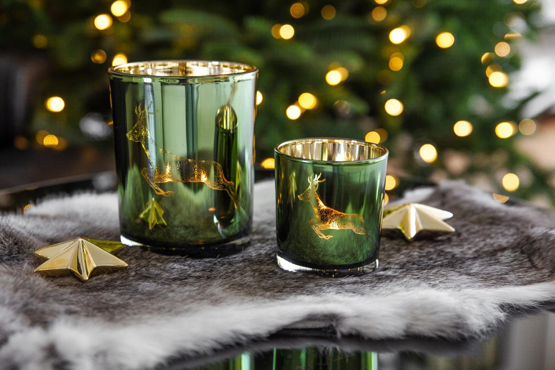 Hirsch-Motiv für Maxi-Teelicht, Ø für 13 cm, Teelichter Teelicht mit cm Kerzenglas-Set in EDZARD Windlicht 10 Kerzenhalter Höhe Sammy, und Gold-Optik,