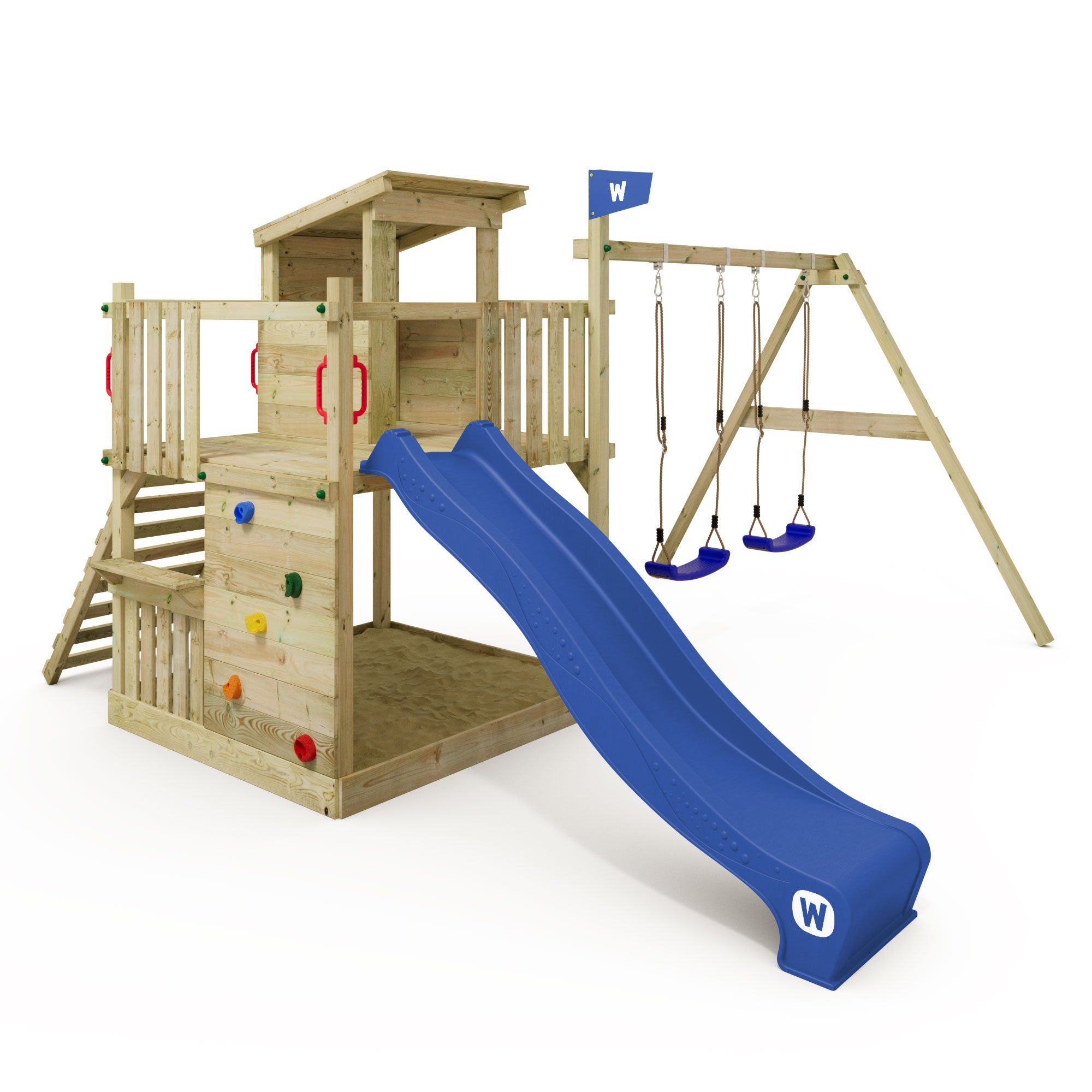 Wickey Klettergerüst Spielturm Smart Cabin Garantie*, 10-jahre Sandkasten, mit Sitzbank Holzdach blau und Spielhaus großem mit flachem und Rutsche