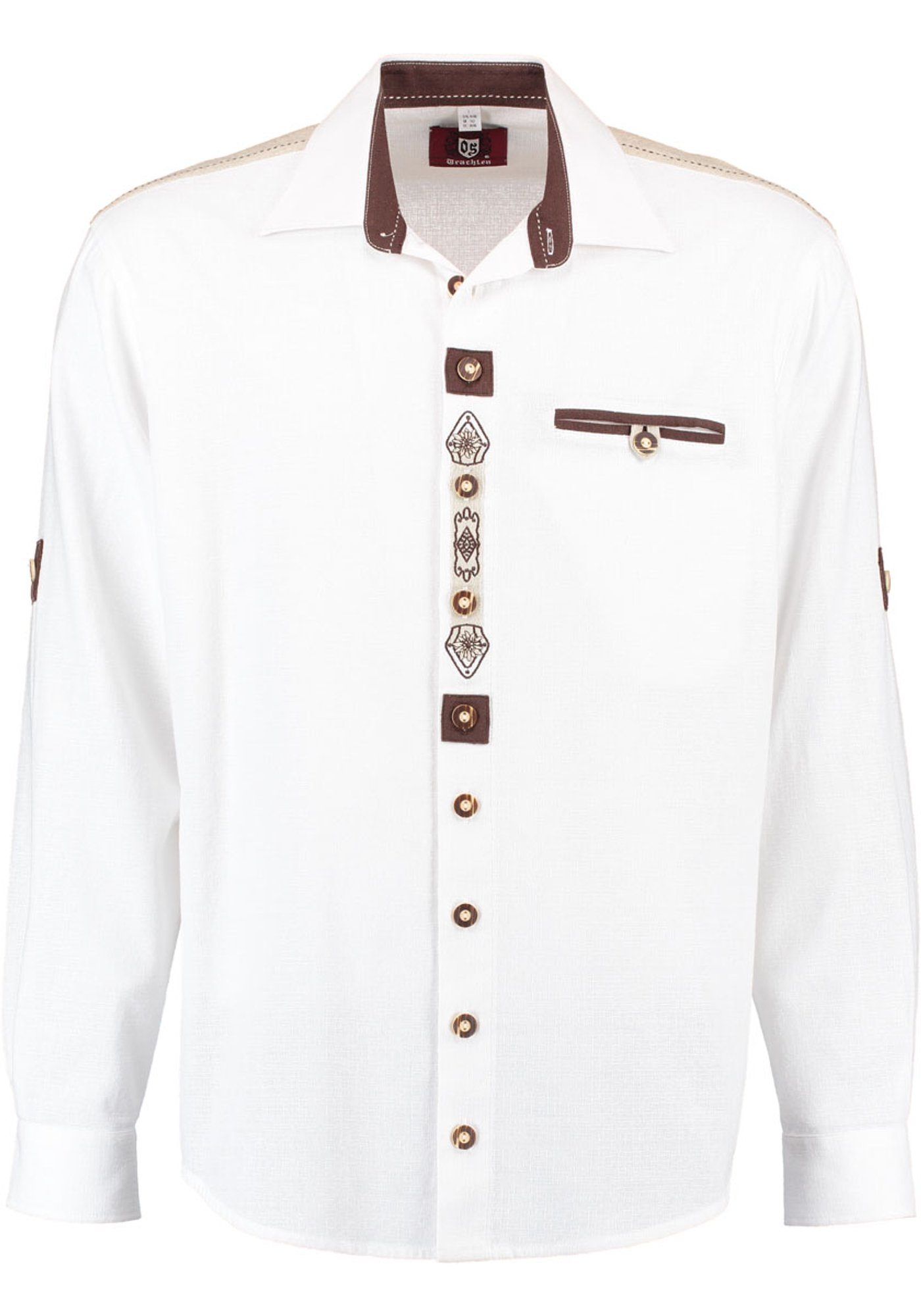 OS-Trachten Trachtenhemd Edelweiß-Stickerei auf mit Knopfleiste der Fihud Langarmhemd