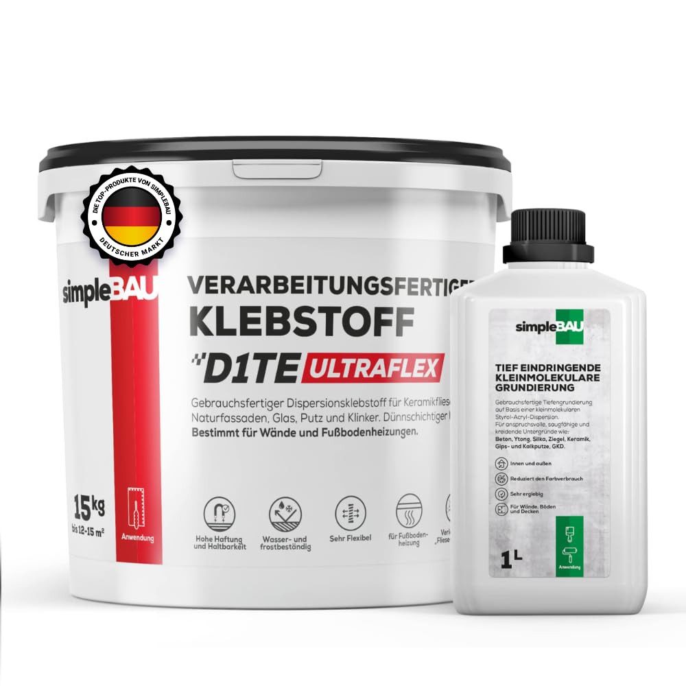 simpleBAU Dichtstoff Fertigfliesenkleber 15KG Universal + 1L Grundierung