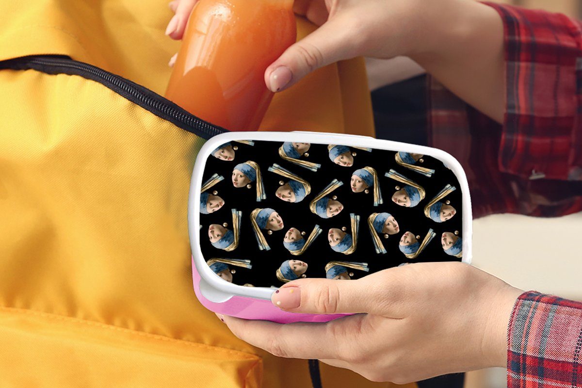 MuchoWow Lunchbox Mädchen mit Perlenohrring für Vermeer, Erwachsene, Kunststoff (2-tlg), Muster Brotbox Mädchen, Kinder, - Snackbox, Kunststoff, rosa Brotdose 