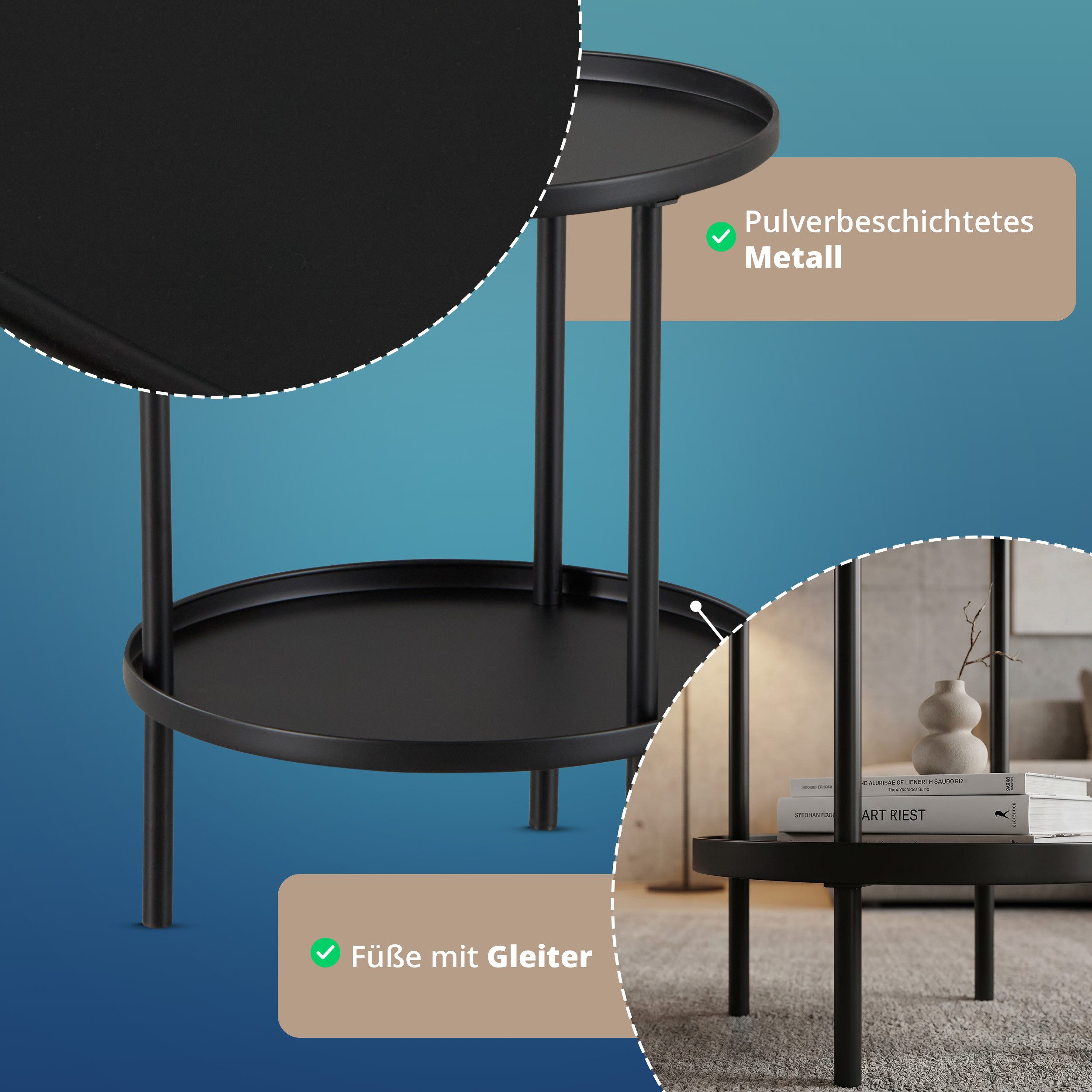 KHG Beistelltisch Rund Schwarz Ø 41 cm moderner Sofatisch elegant (Dekorative Ablage für Getränke, Bücher oder Wohnaccessoires, platzsparend, modern und vielsei – Bild 5 von 5