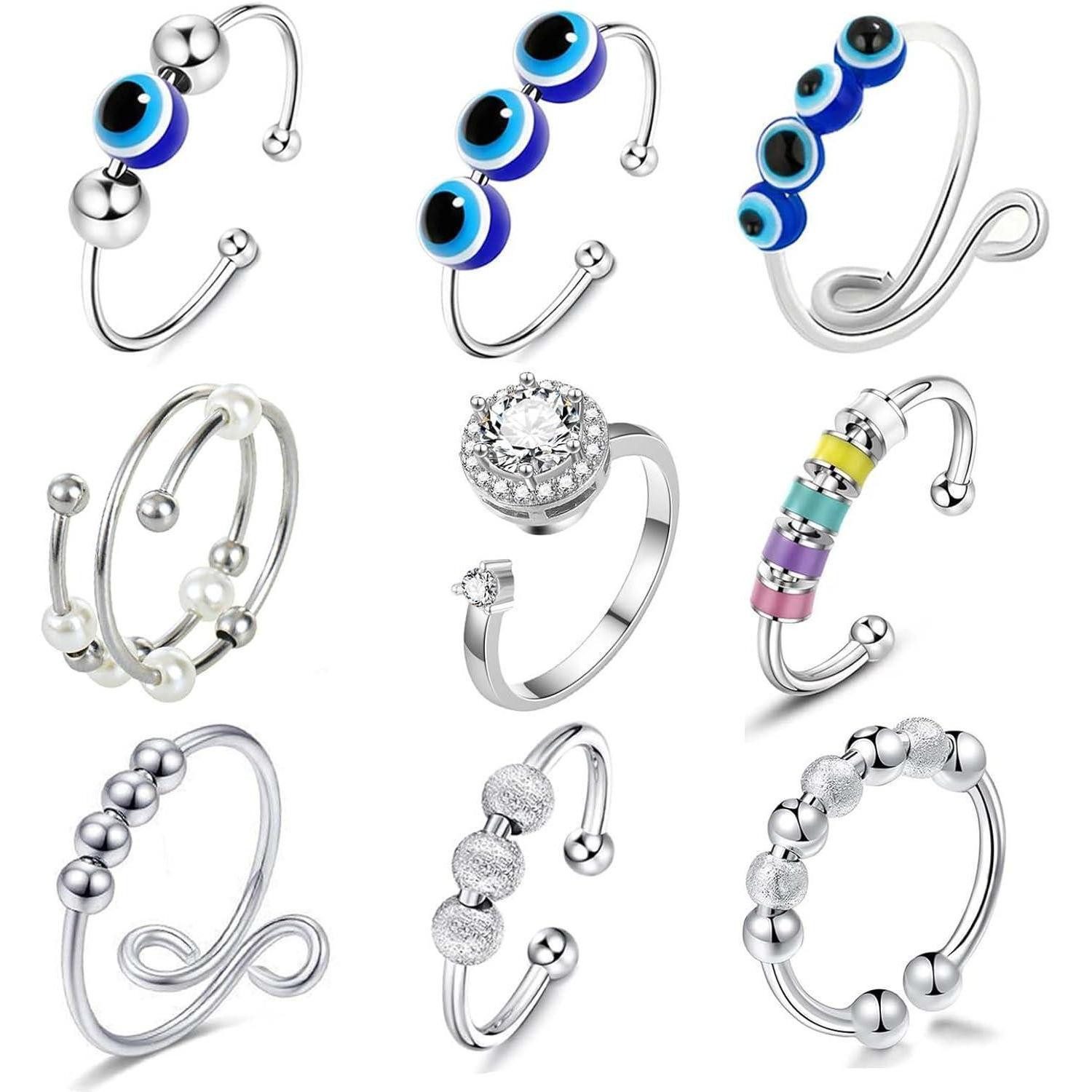 LuxusKollektion Ring-Set Stressring Spinner Verstellbar Diamant Silber Damen 9 Stück