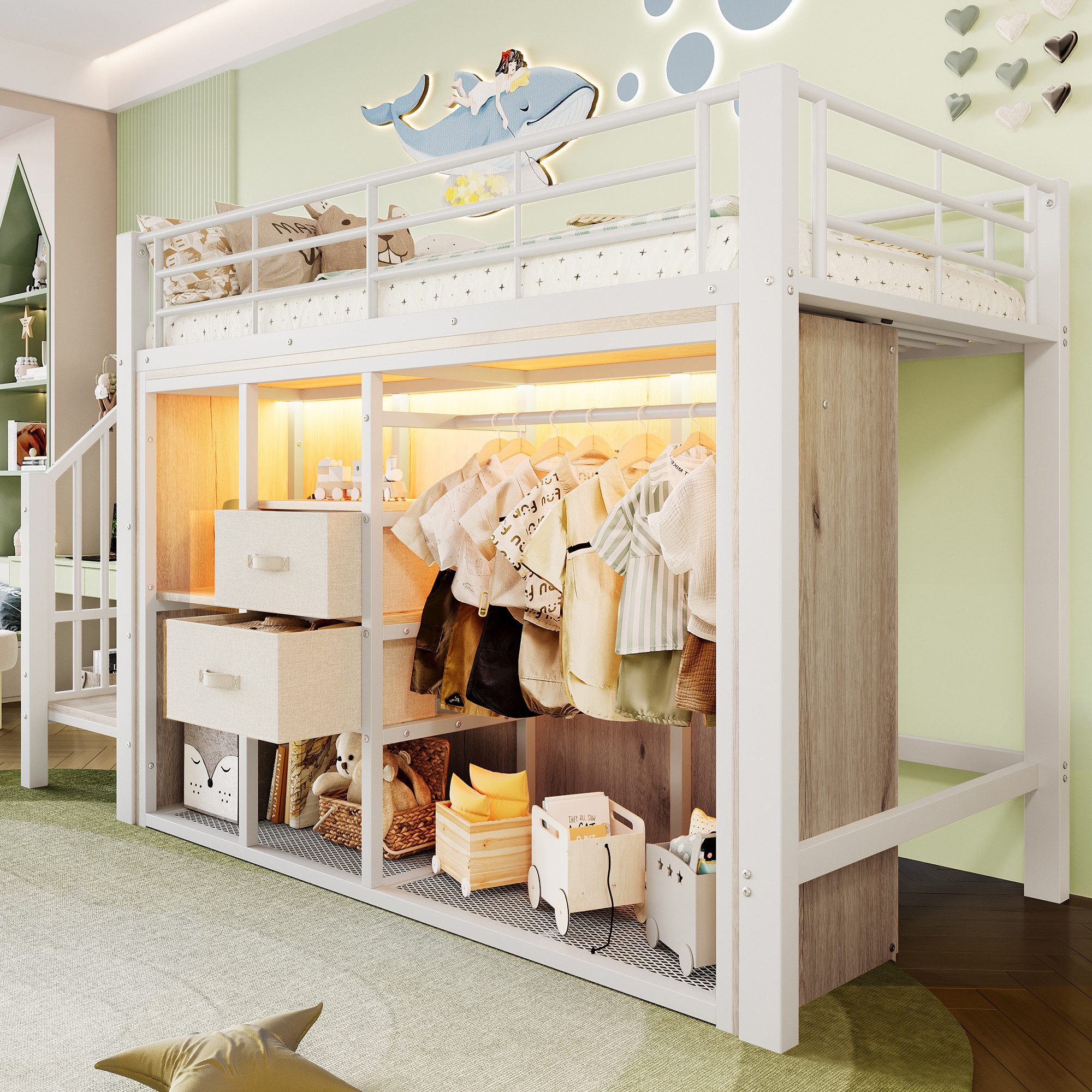 Merax Hochbett 90x200cm mit LED-Beleuchtung (1-St., Mehrzweckbett Jugendbett Einzelbett) Metall Kinderbett mit 2 Schubladen,offenem Kleiderschrank & Staufächer