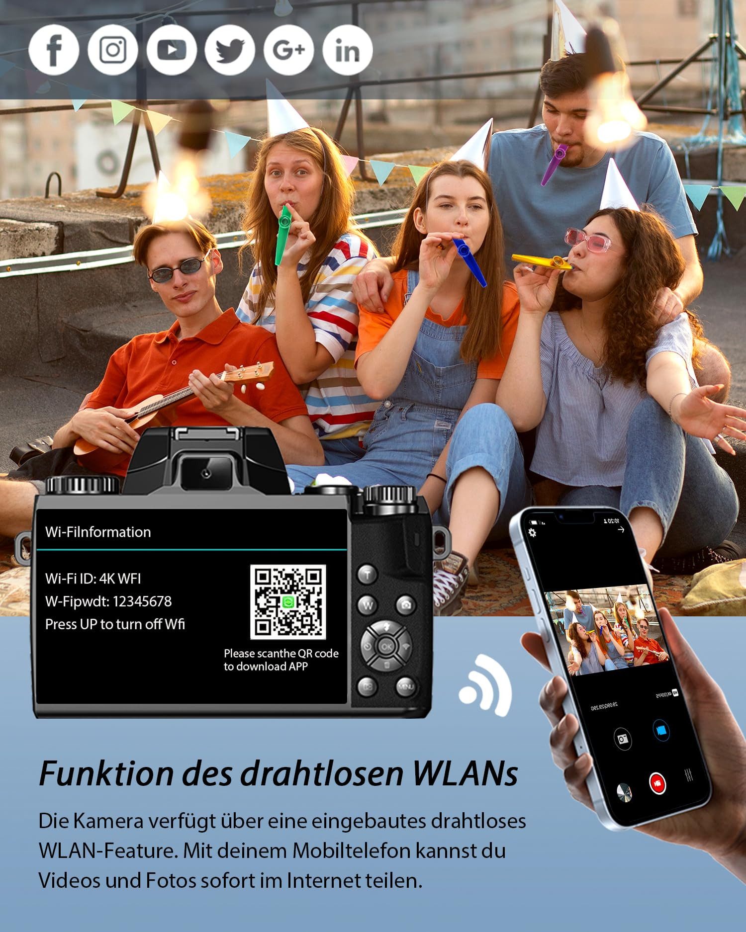 Fine Life Pro Digitalkamera 4K 64MP Fotokamera mit 4.0" Touchscreen, Kompaktkamera (inkl. mit WiFi, mit Kameratasche, der Objektivblendenabschirm, 64GB TF-Karte – Bild 2 von 5