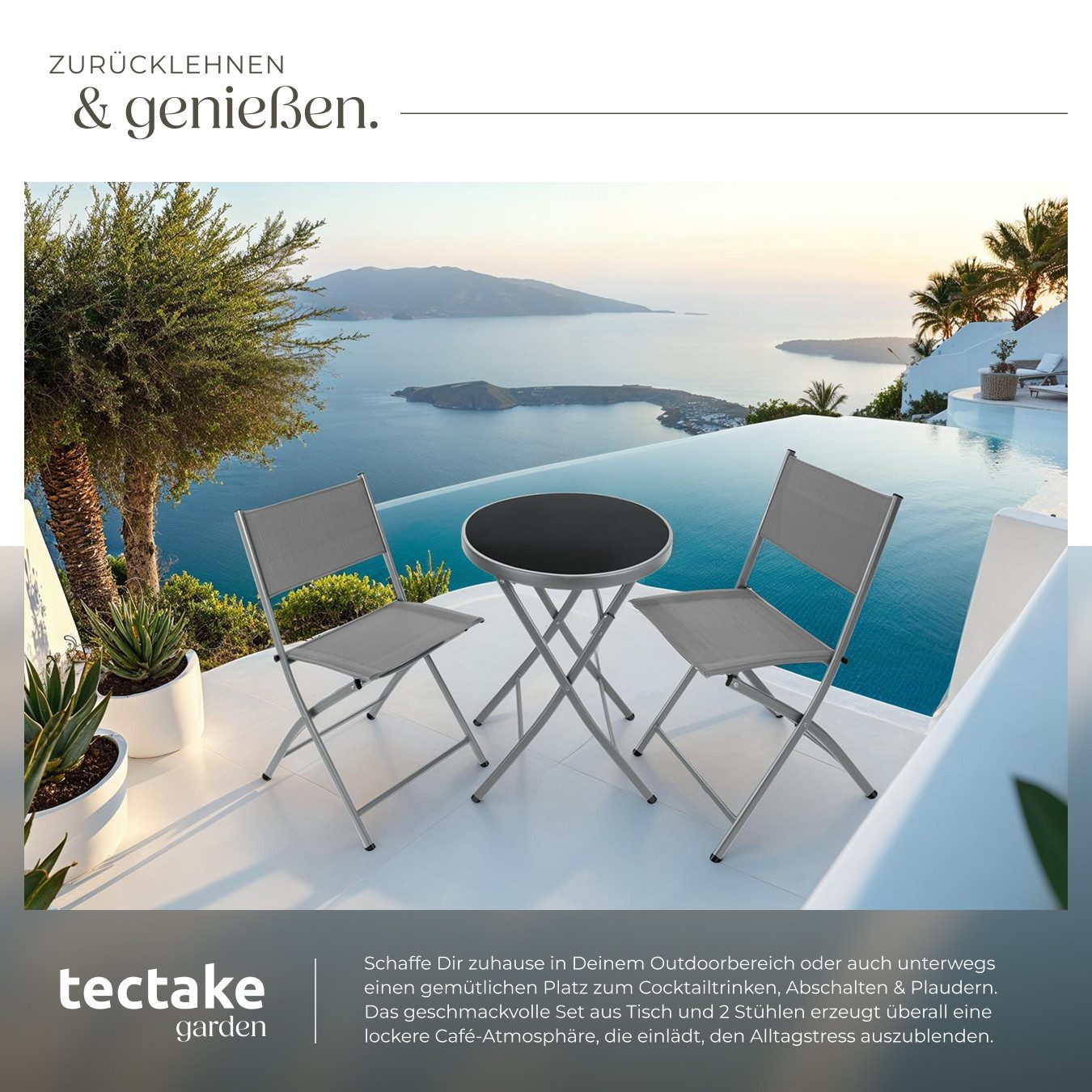 tectake Essgruppe Bistro-Set für 2 Personen, Tisch mit Sicherheitsglasplatte, (Gartenmöbel Düsseldorf, 3-tlg., in grau), klappbar, widerstandsfähig, UV-beständi – Bild 4 von 5