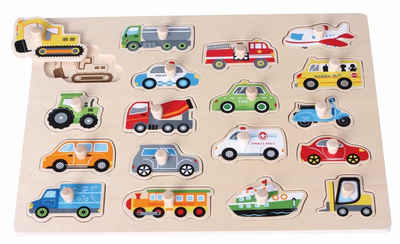 Lelin Steckpuzzle 20075 Großes Holzpuzzle mit Knauf zum Thema Transportmittel, 18 Puzzleteile