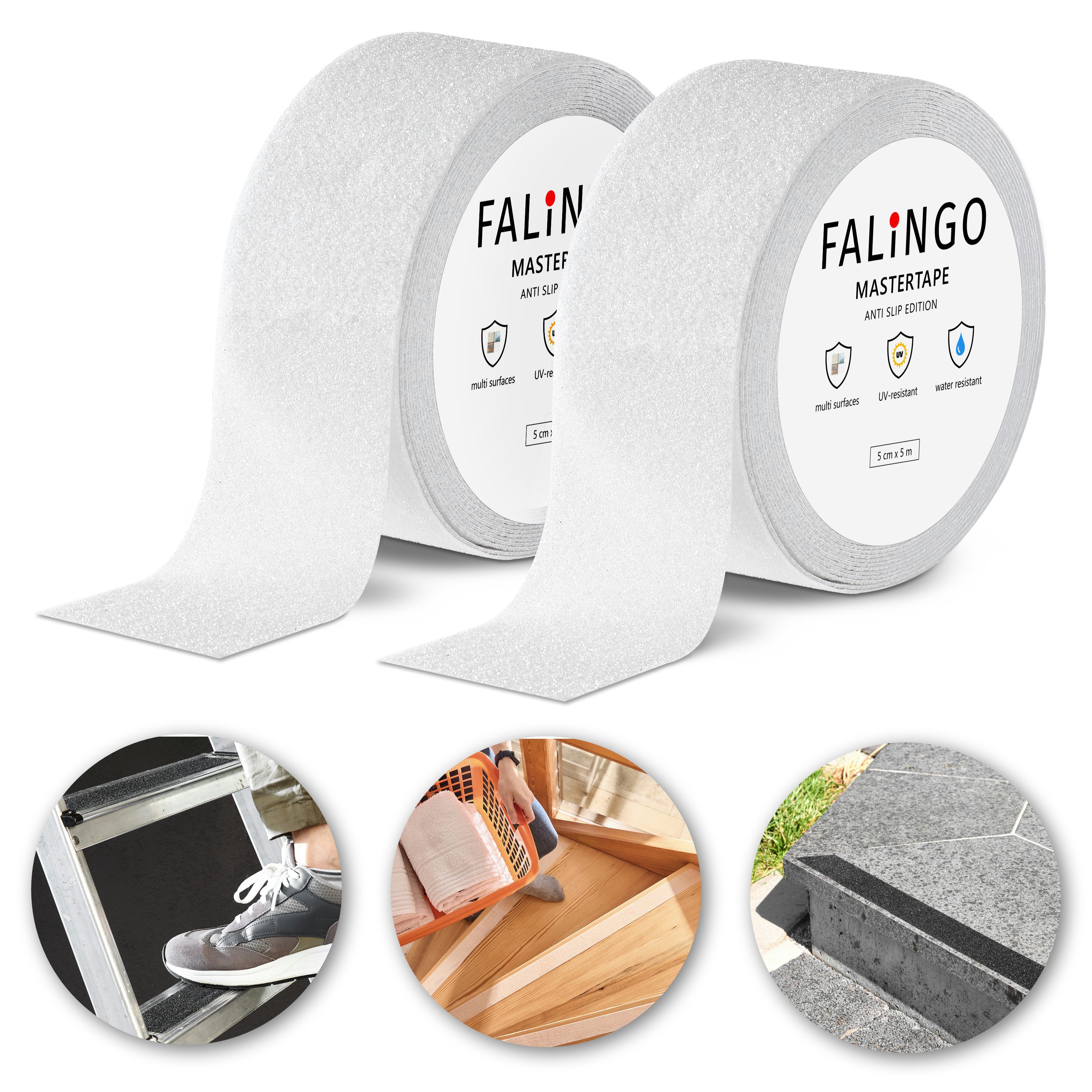FALINGO Klebeband Antirutsch Klebeband, PVC Anti-Slip Tape, 2 Rollen 5 cm x 5 m (2-St) Selbstklebend, Trittsicherheit im Innen- und Außenbereich