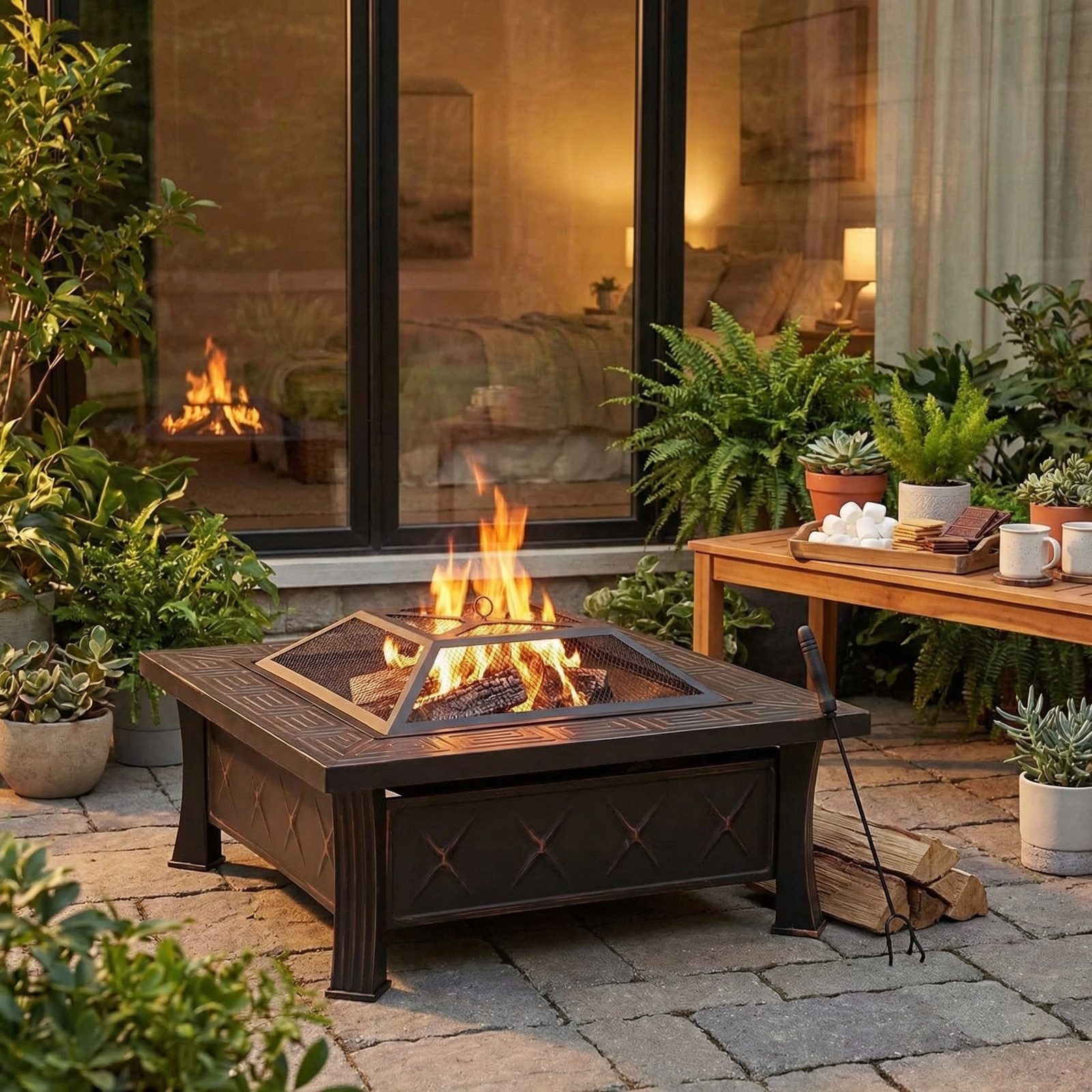 TLGREEN Feuerschale, 81x81 cm Feuerkorb mit Grillrost, Heizung & Grillen