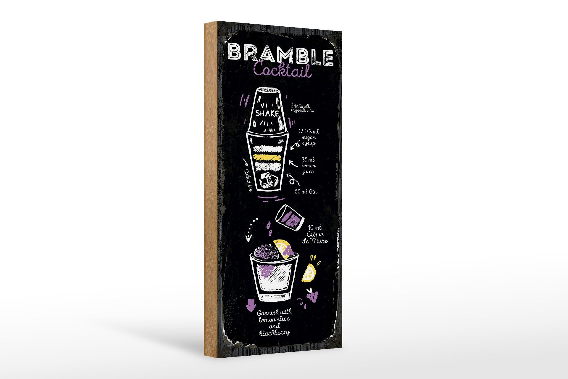 Holzbild Rezept Bramble Cocktail Recipe 10x27cm
