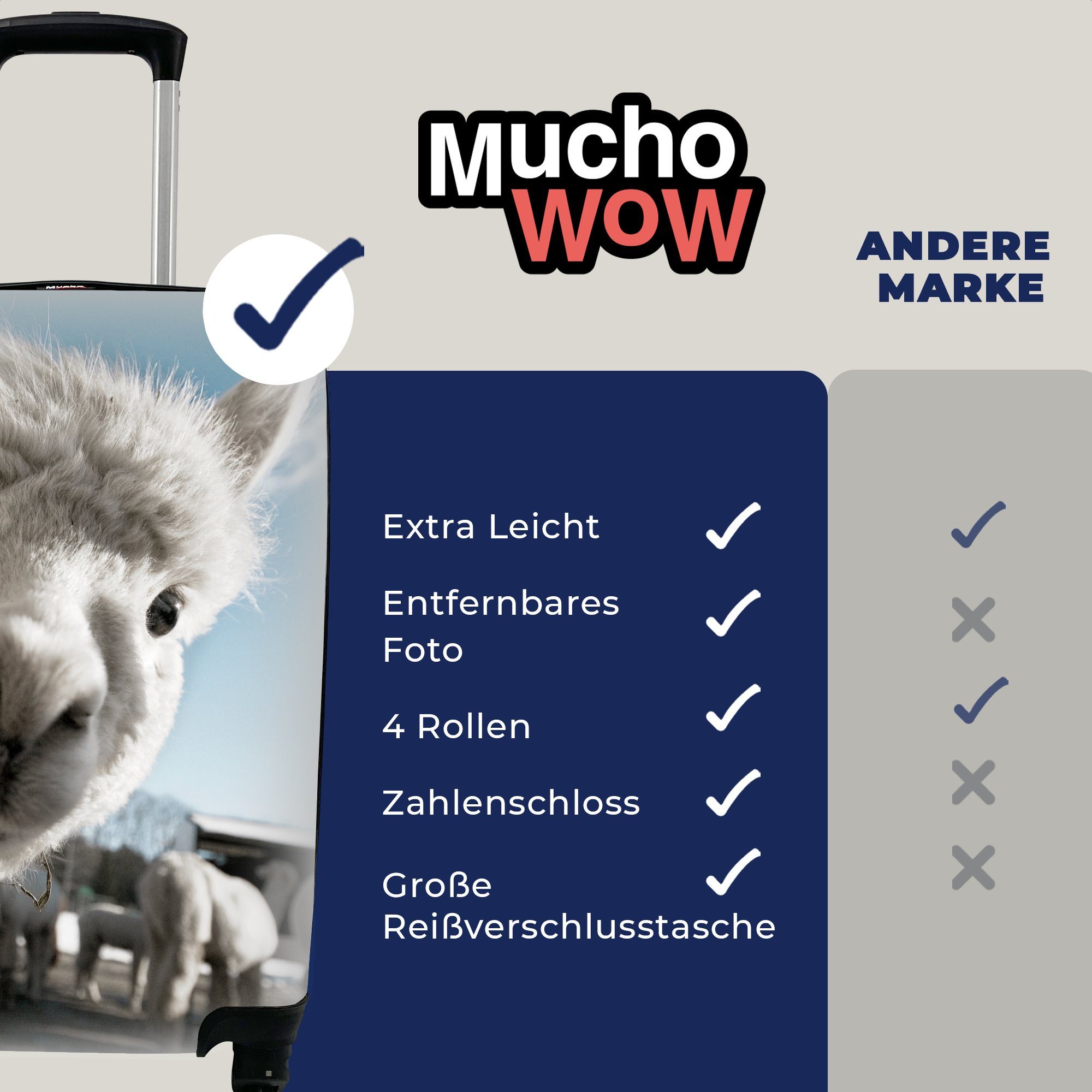 MuchoWow Handgepäckkoffer Alpaka - Weiß - Tier, 4 Rollen, Reisetasche mit rollen, Handgepäck für Ferien, Trolley, Reisekoffer