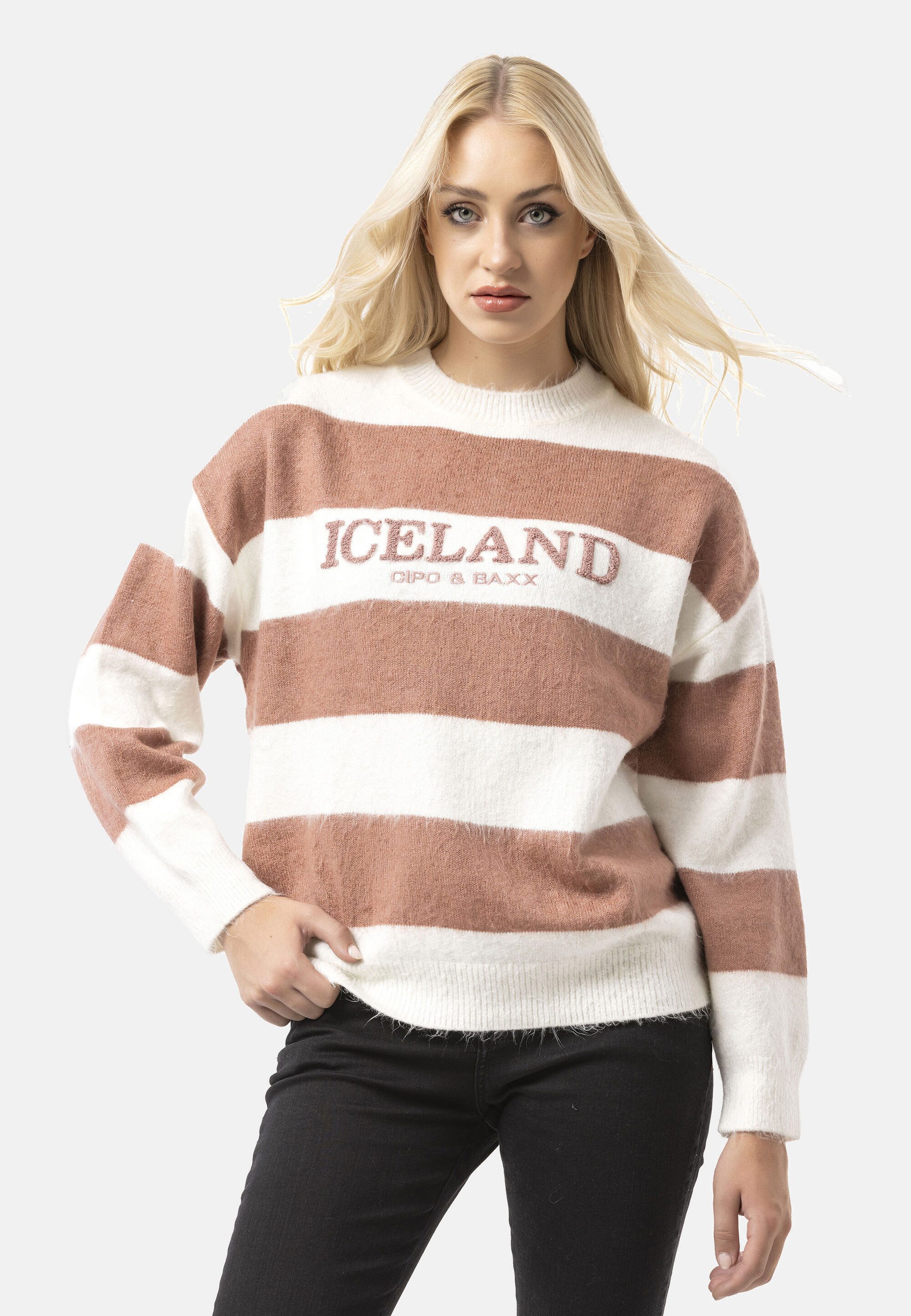 Cipo & Baxx Strickpullover WP263 (1-tlg) Streifenmuster mit Frontprint