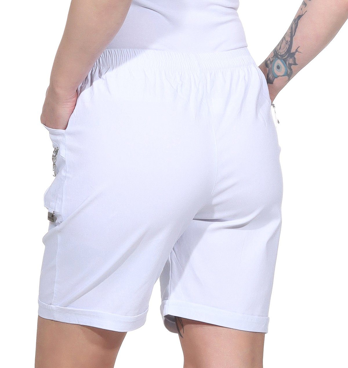 Damen Bund auch Weiß mit Shorts Sommerhose Damen erhältlich, großen elastischem Aurela Größen leichte Shorts Kurze in Damenmode Strandshorts