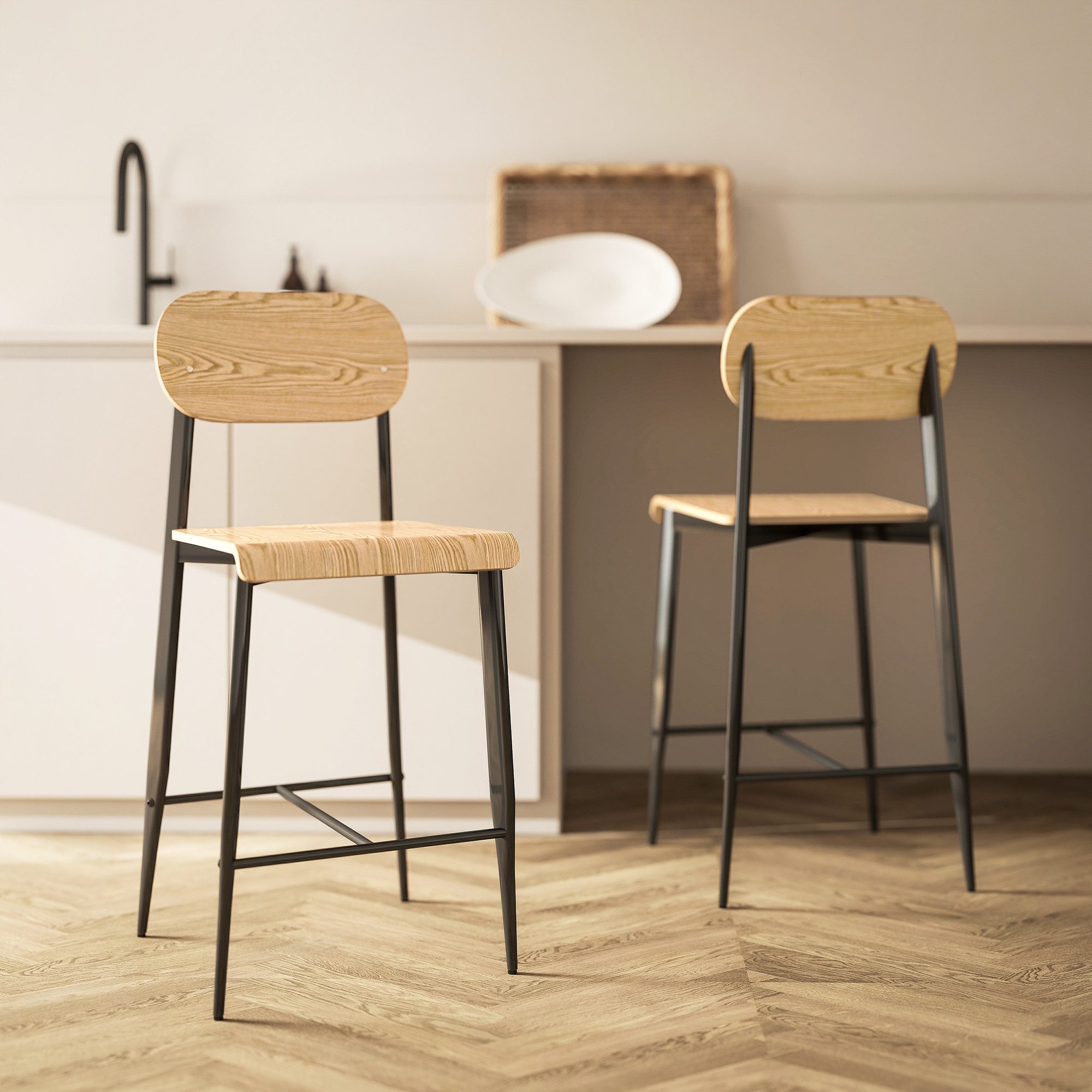 HOMCOM Barhocker Tresenhocker mit Fußstütze, Metallgestell, Sitzhöhe 66 cm (Küchenstuhl, 2 St., 2er Set Barstuhl), einfache Montage, Industrie-Design Naturholz+Schwarz