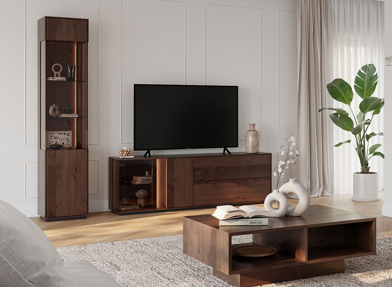 Feldmann-Wohnen Wohnwand Collodi, (mit Türen, mit Einlegeböden, mit Klapptüren, 3-St., Massivholz, geölte Oberfläche), 3-teilig Wildeiche Tabak mit Beleuchtung