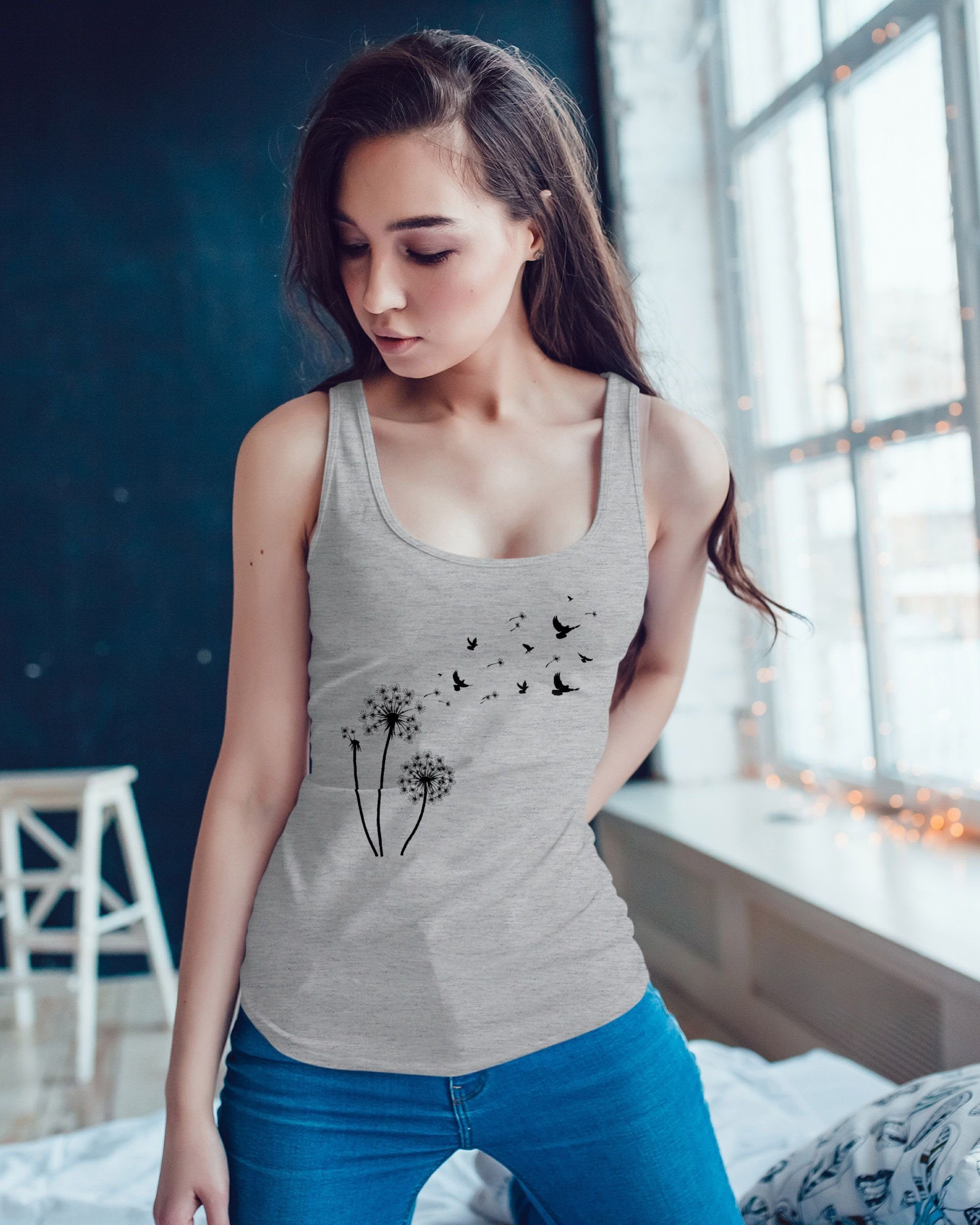 Neverless Tanktop Damen Tank-Top Pusteblume Vögel günstig online kaufen