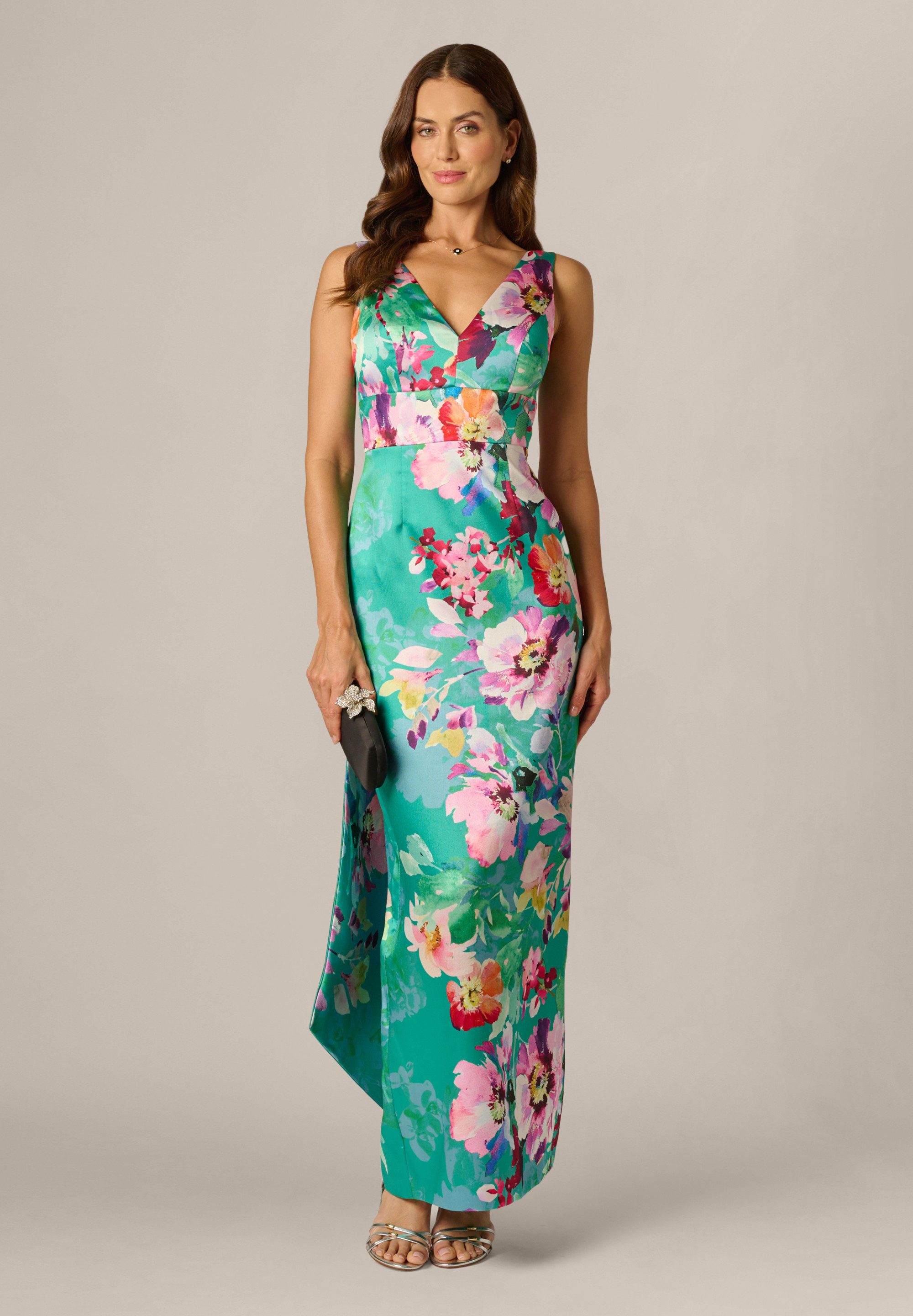 Adrianna Papell Abendkleid Printed Mikado Bow Back Gown Lebhaftes, blumiges, ärmelloses Mikado-Kleid