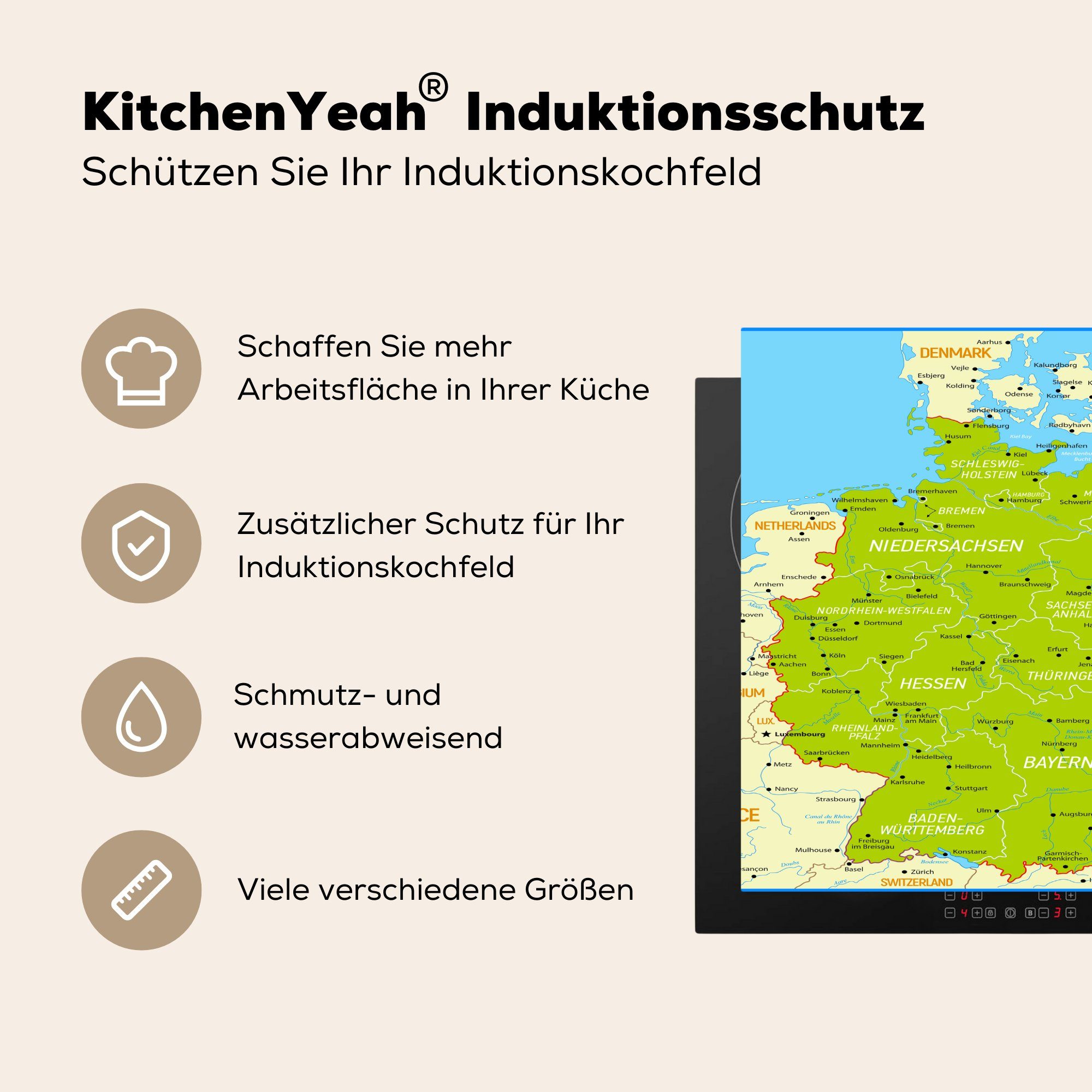 Arbeitsplatte Vinyl, MuchoWow tlg), (1 cm, für Bunte Herdblende-/Abdeckplatte Deutschlandkarte, 78x78 küche Ceranfeldabdeckung,