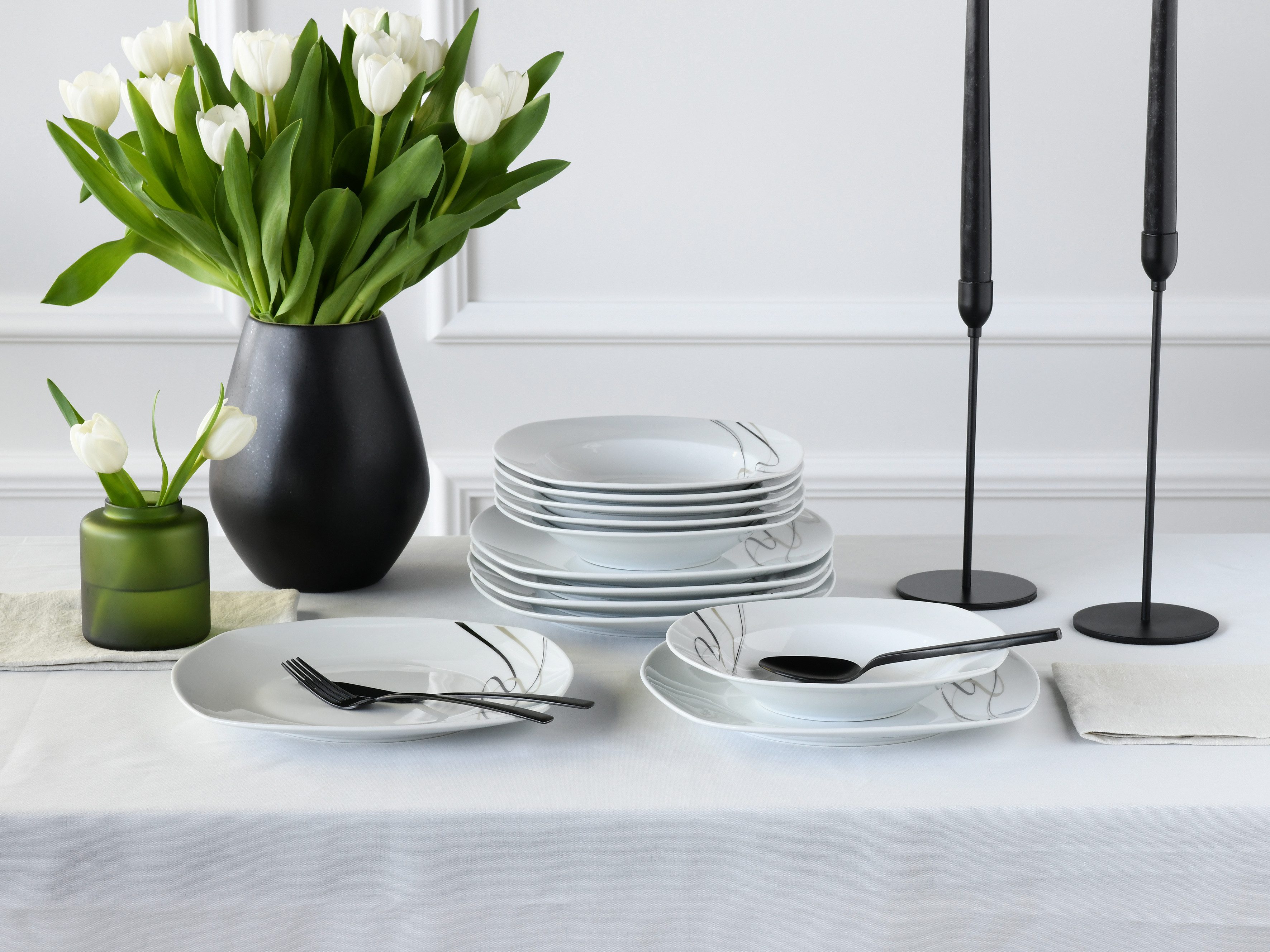 CreaTable Tafelservice Amelie Piazza, Tafel-Service 12-tlg (12-tlg), 6 Personen, Porzellan, Teller Set, Elegant, Schwungvoller Liniendekor