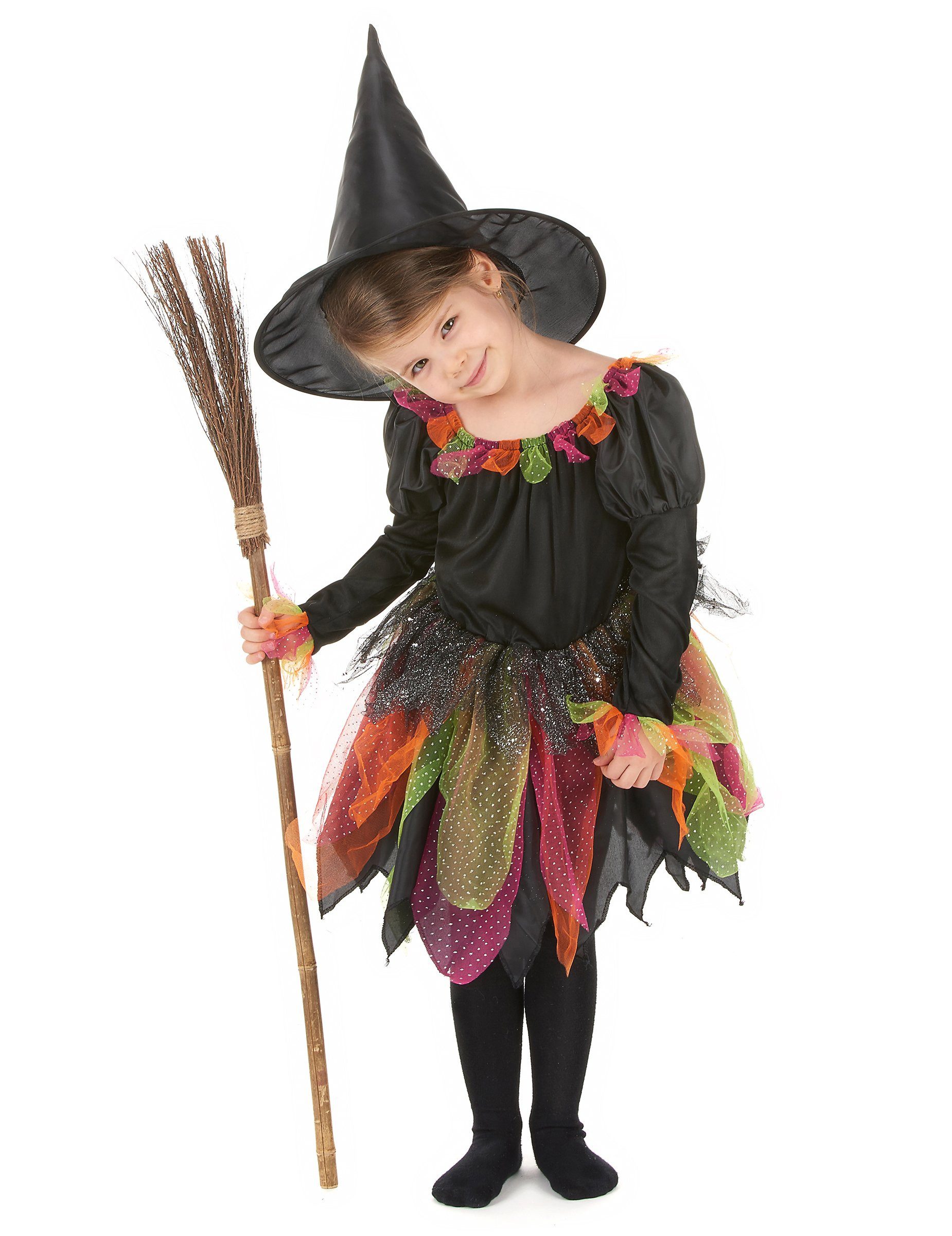 Kostüm Mädchen Hexenkostüm Halloween schwarz-bunt