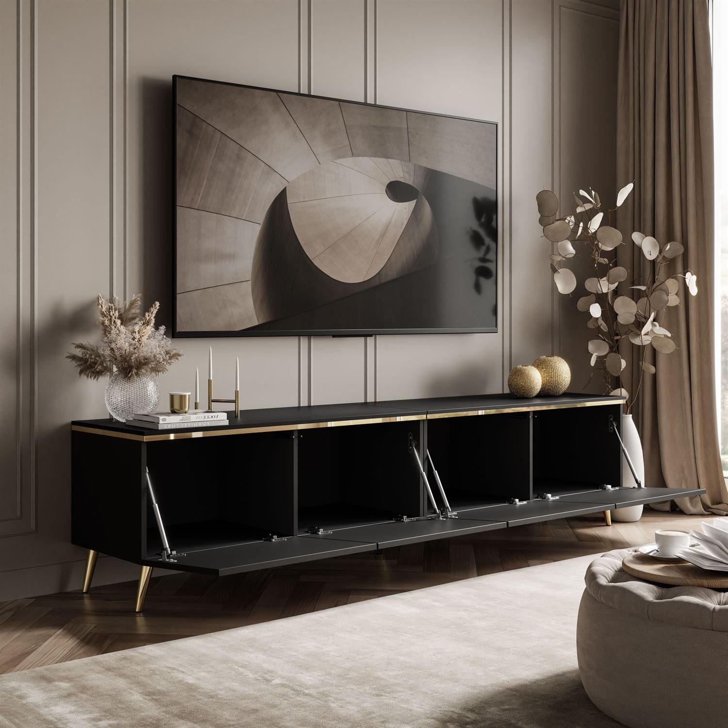 Lookway TV-Schrank CELINE Schwarz Matt auf goldenen Füßen mit LED-Beleuchtung 200x40x49 cm – Bild 5 von 5