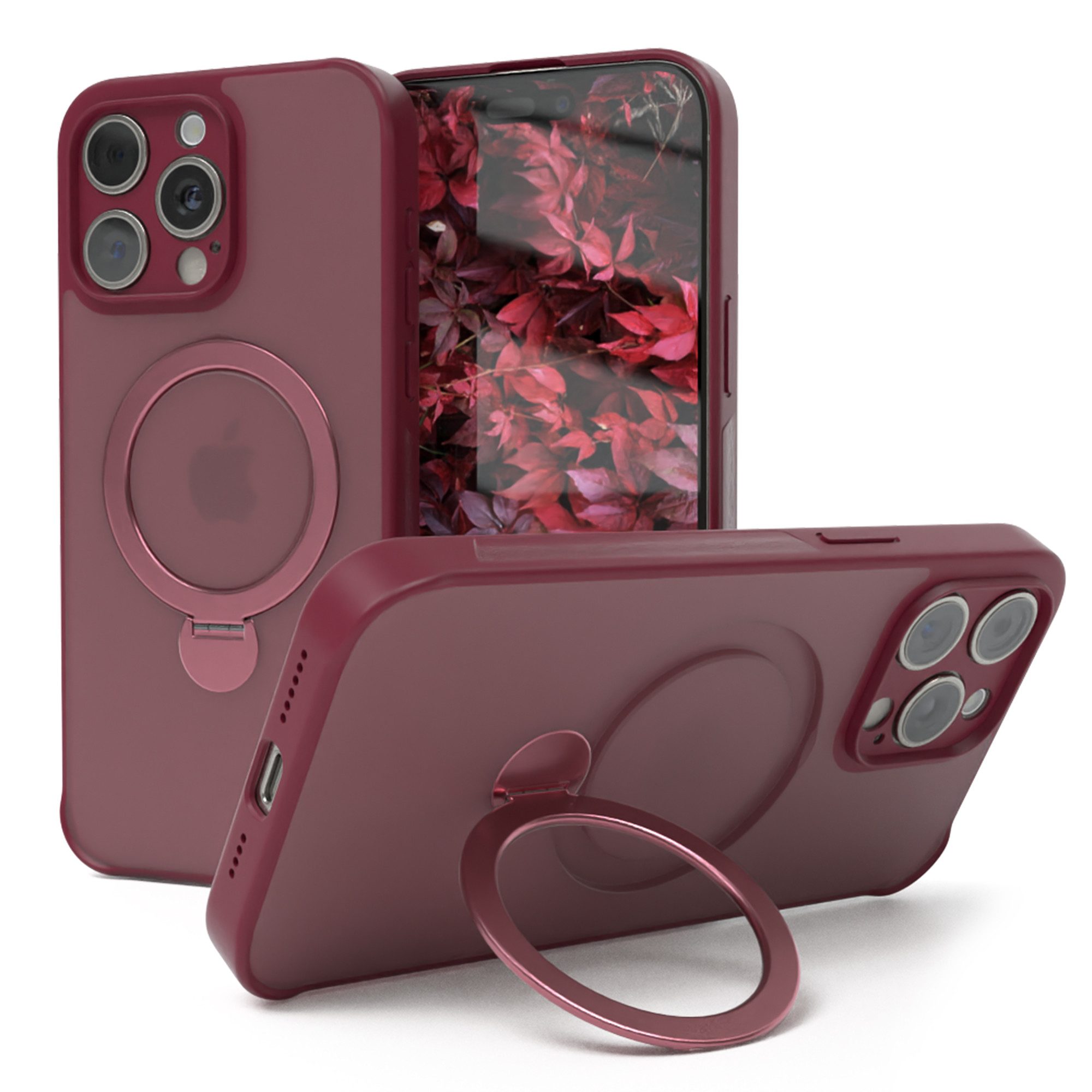EAZY CASE Handyhülle Outdoor iPhone 15 Pro Max Case MagSafe Ring 6,7 Zoll, Backcover Tasche Case Schutzhülle Kameraschutz Bumper Dunkelrot
