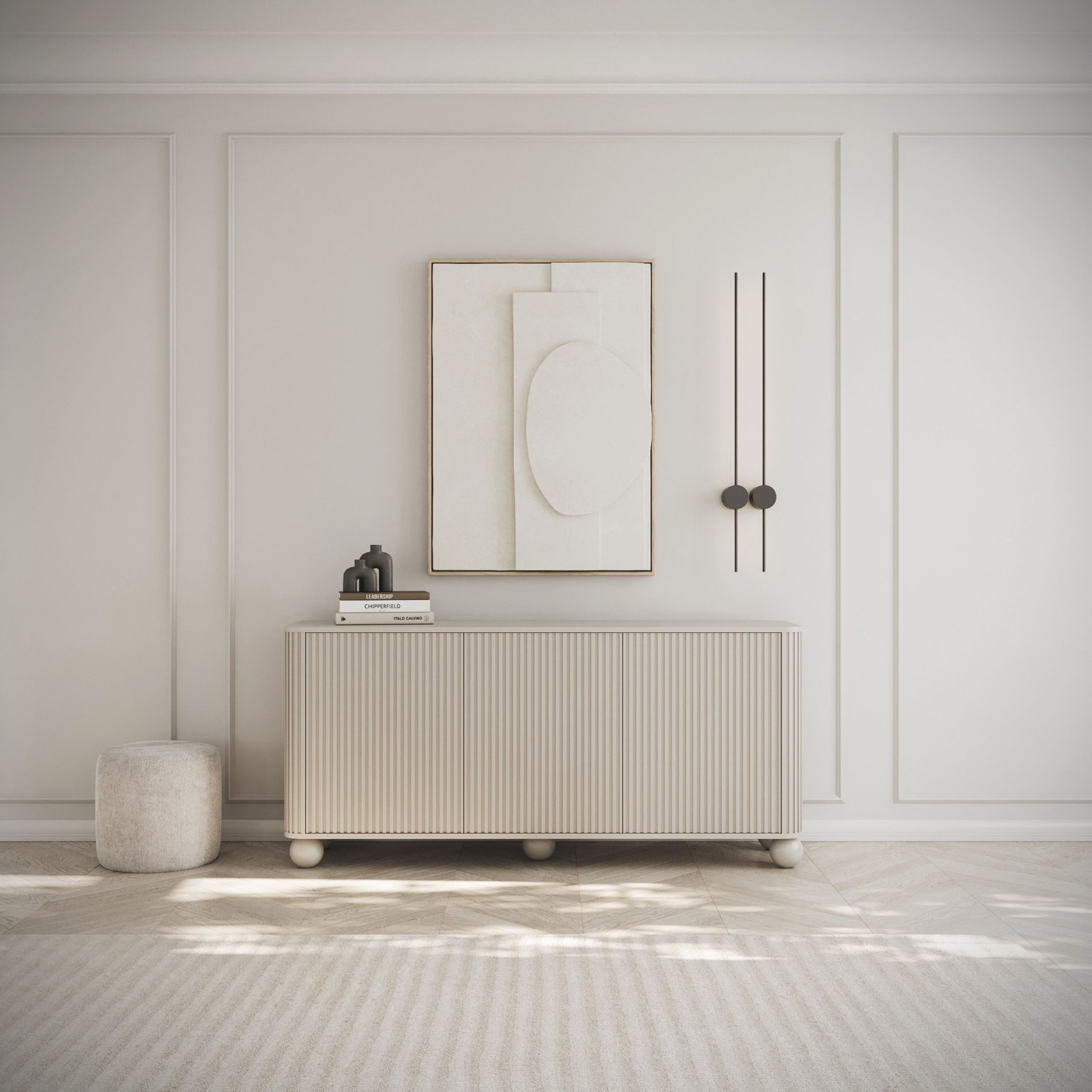 Selsey Sideboard ARVELLO, mit Riffelfront, dreitürig, 163 cm, auf kugelförmigen Beinen